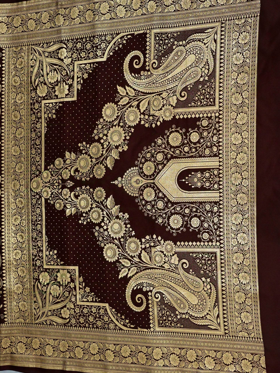 Brown Golden Zari Work Namo Satin Silk Banarasi Saare - Zohra Silk