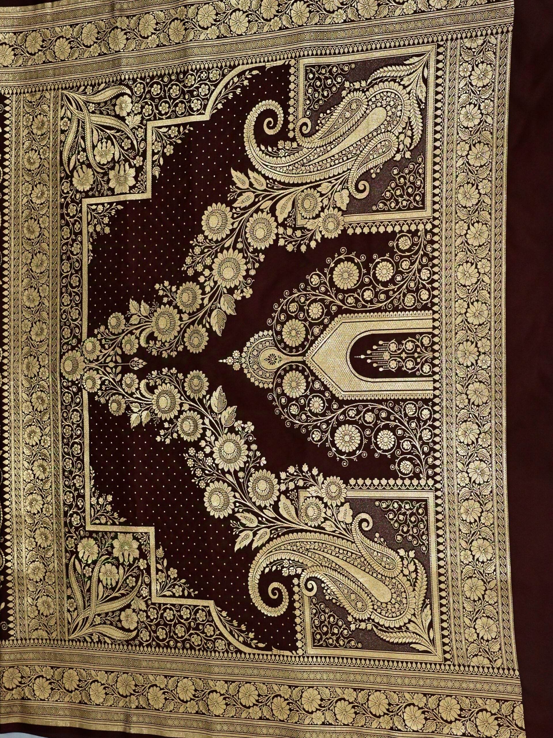 Brown Golden Zari Work Namo Satin Silk Banarasi Saare - Zohra Silk