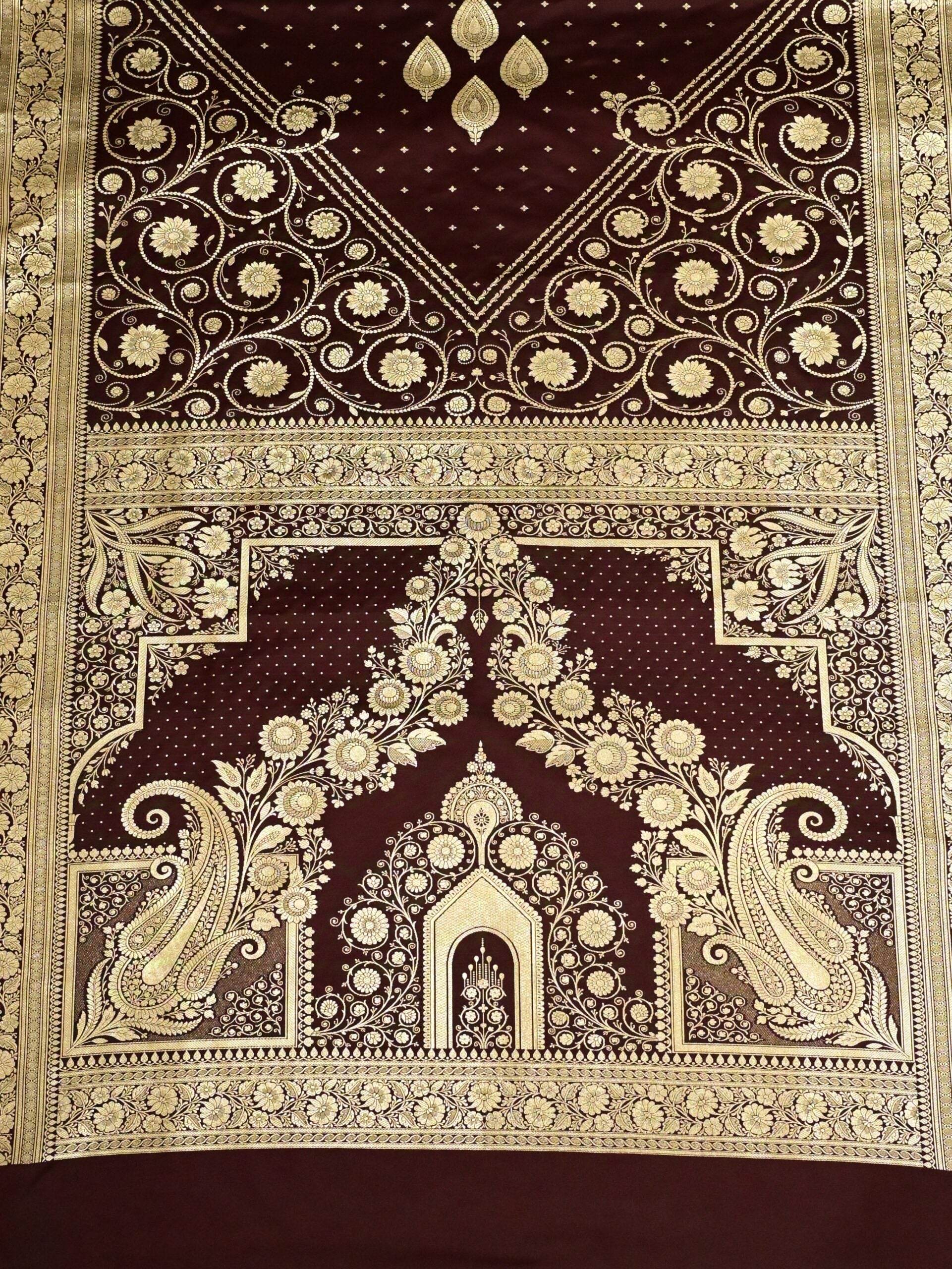 Brown Golden Zari Work Namo Satin Silk Banarasi Saare - Zohra Silk