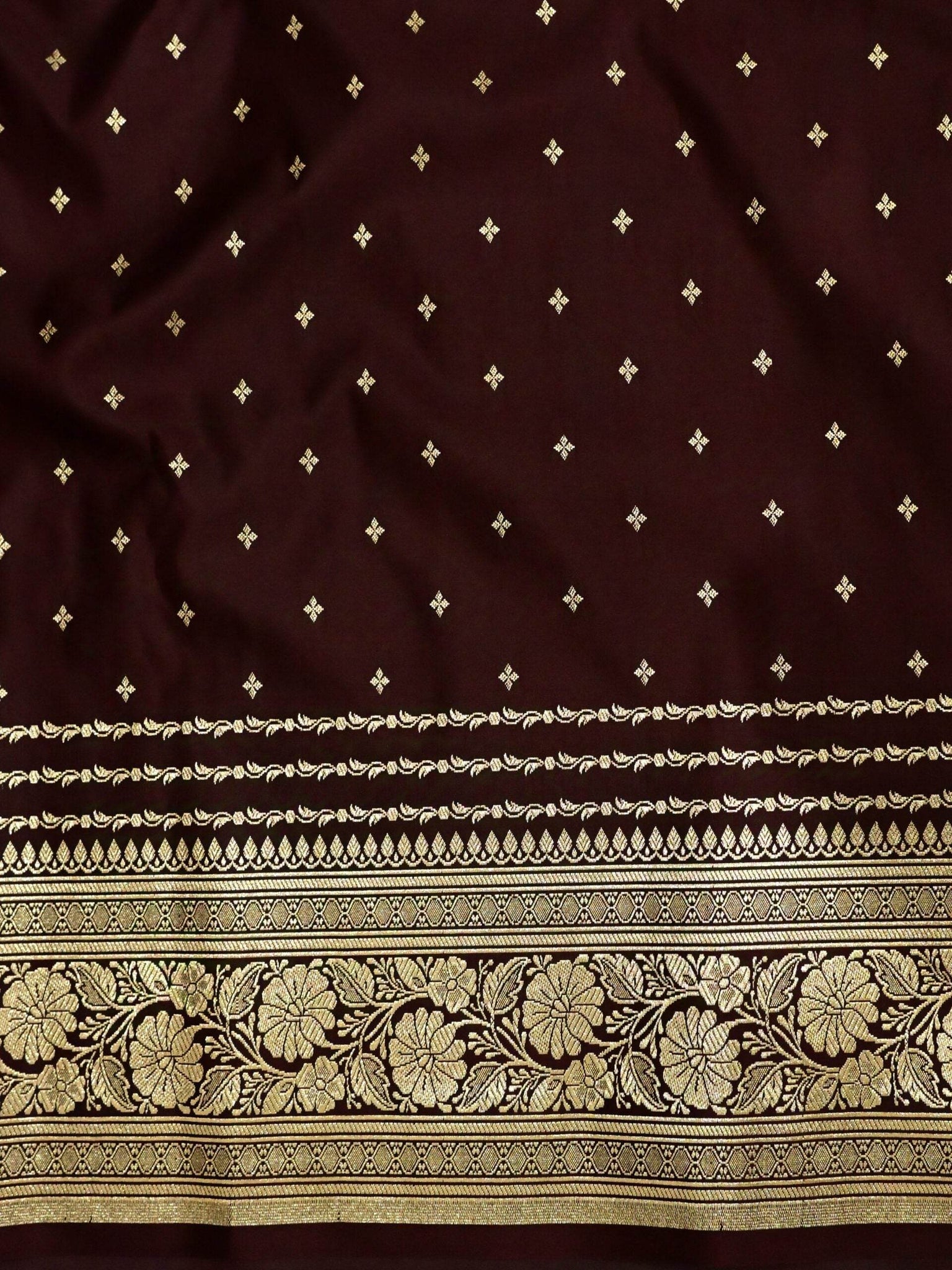 Brown Golden Zari Work Namo Satin Silk Banarasi Saare - Zohra Silk