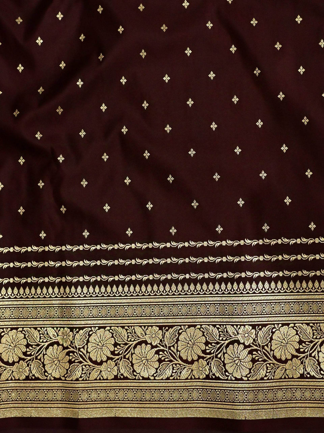 Brown Golden Zari Work Namo Satin Silk Banarasi Saare - Zohra Silk