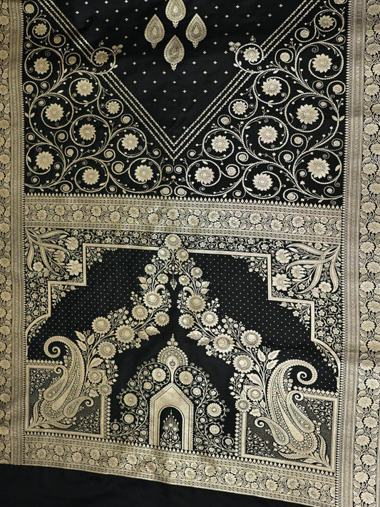Black Golden Zari Work Namo Satin Silk Banarasi Saare - Zohra Silk