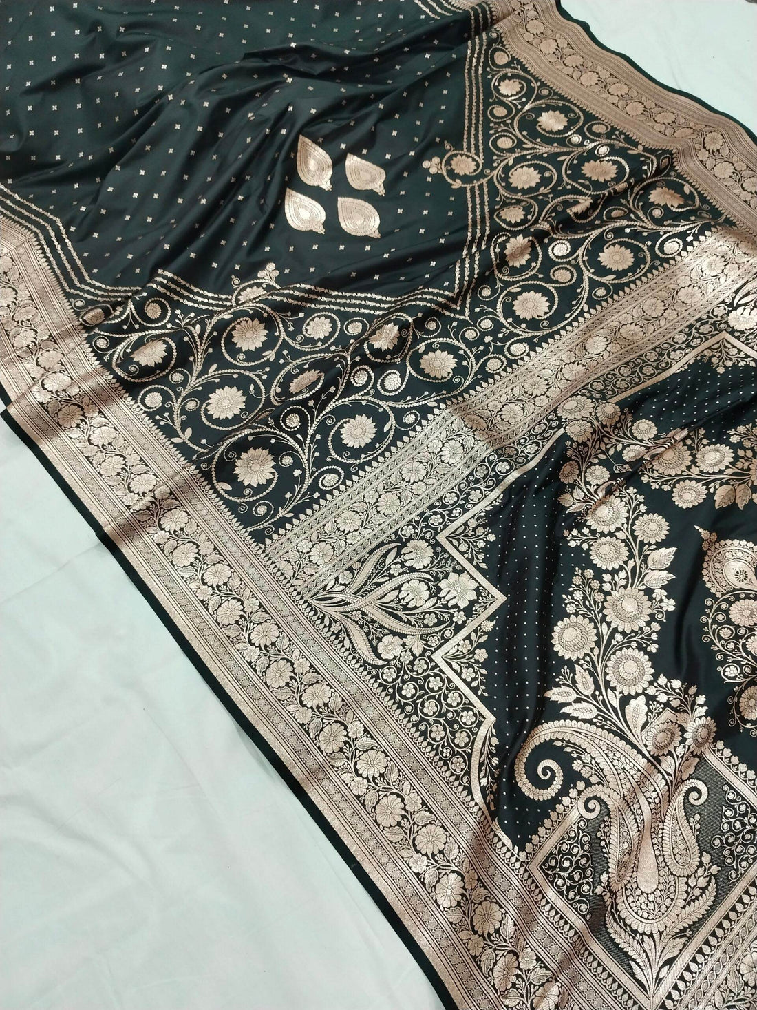 Black Golden Zari Work Namo Satin Silk Banarasi Saare - Zohra Silk