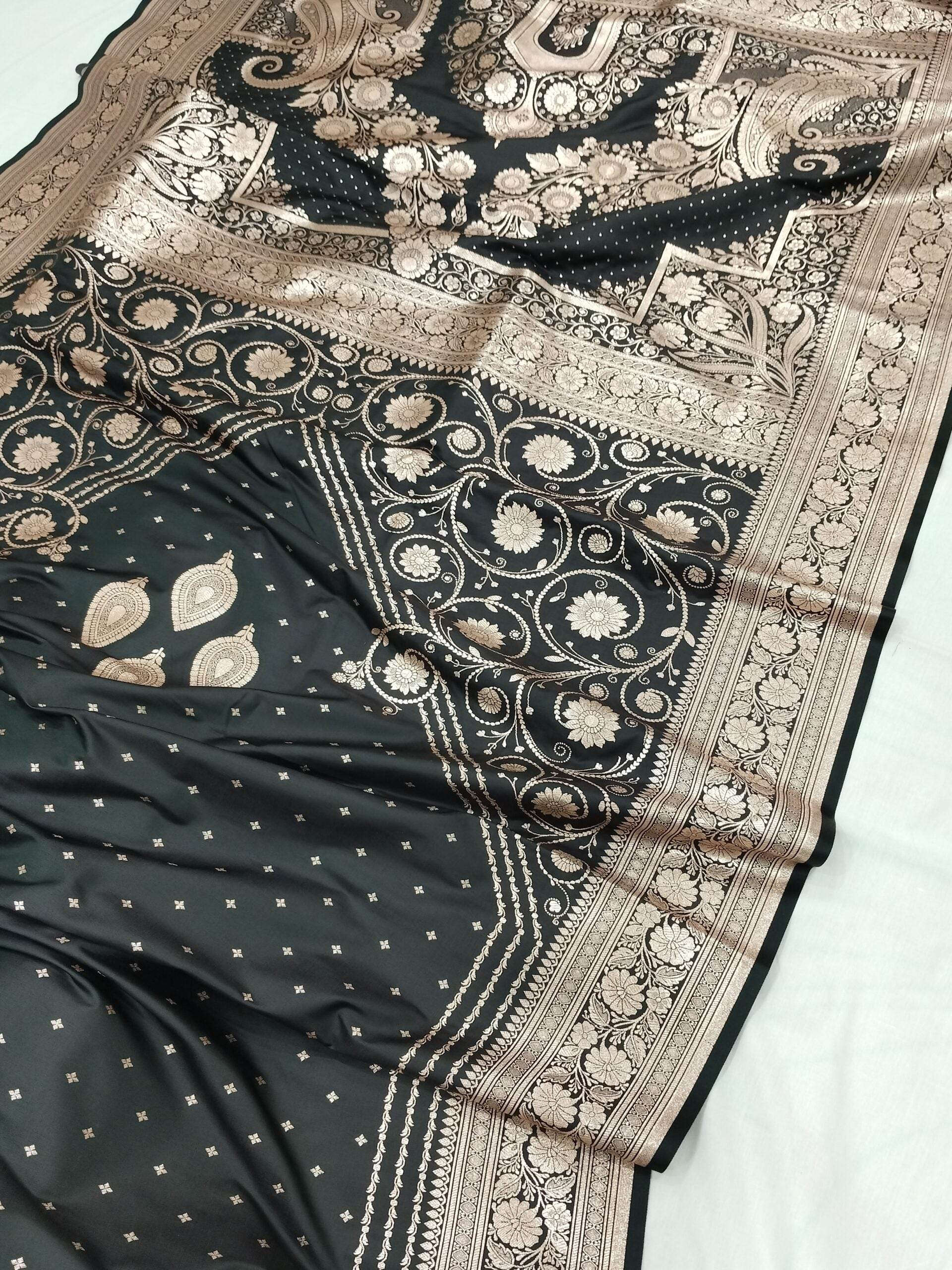 Black Golden Zari Work Namo Satin Silk Banarasi Saare - Zohra Silk