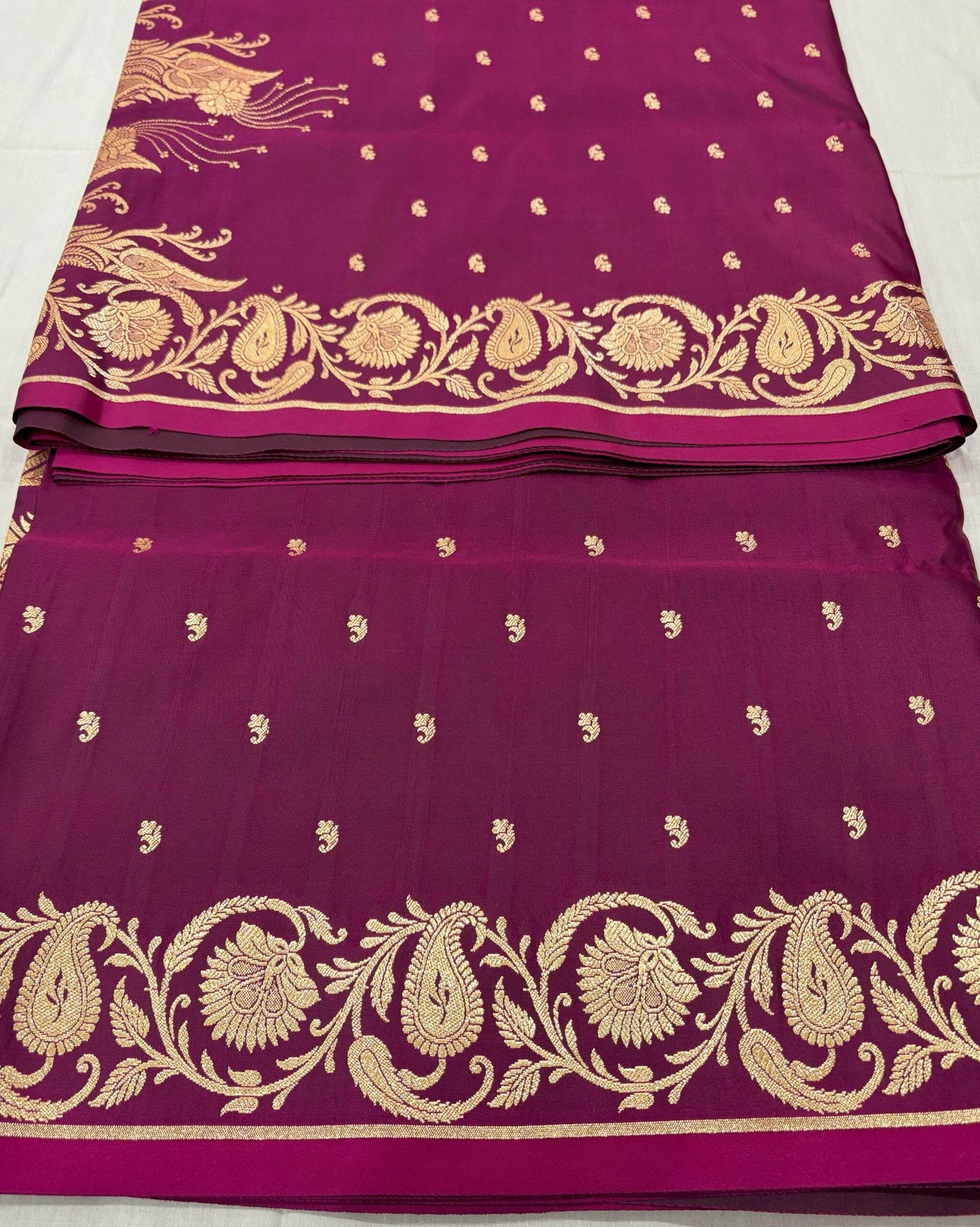 Violet Golden Zari Work Long Kairi Satin Silk Banarasi Saree - Zohra Silk