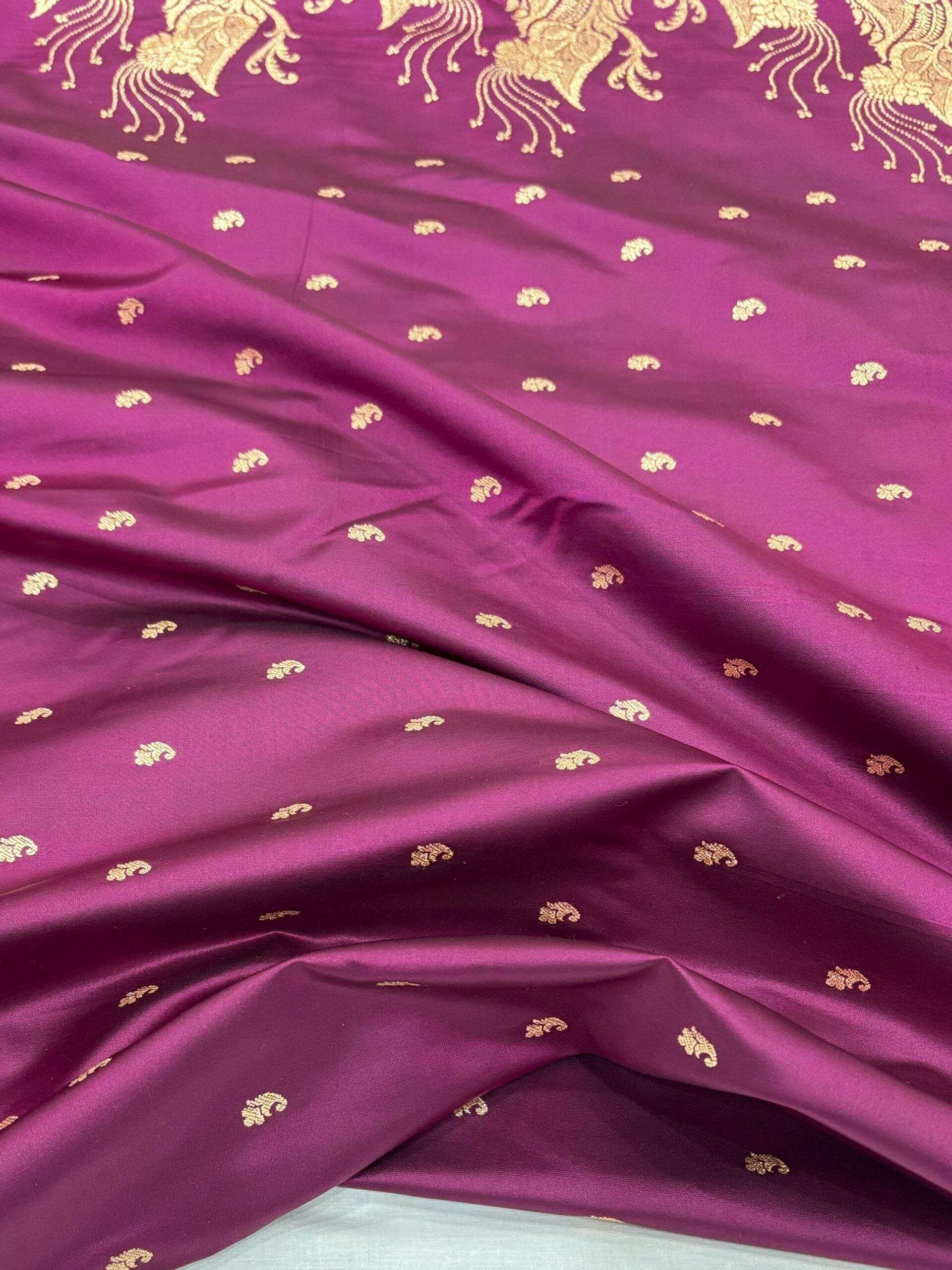 Violet Golden Zari Work Long Kairi Satin Silk Banarasi Saree - Zohra Silk