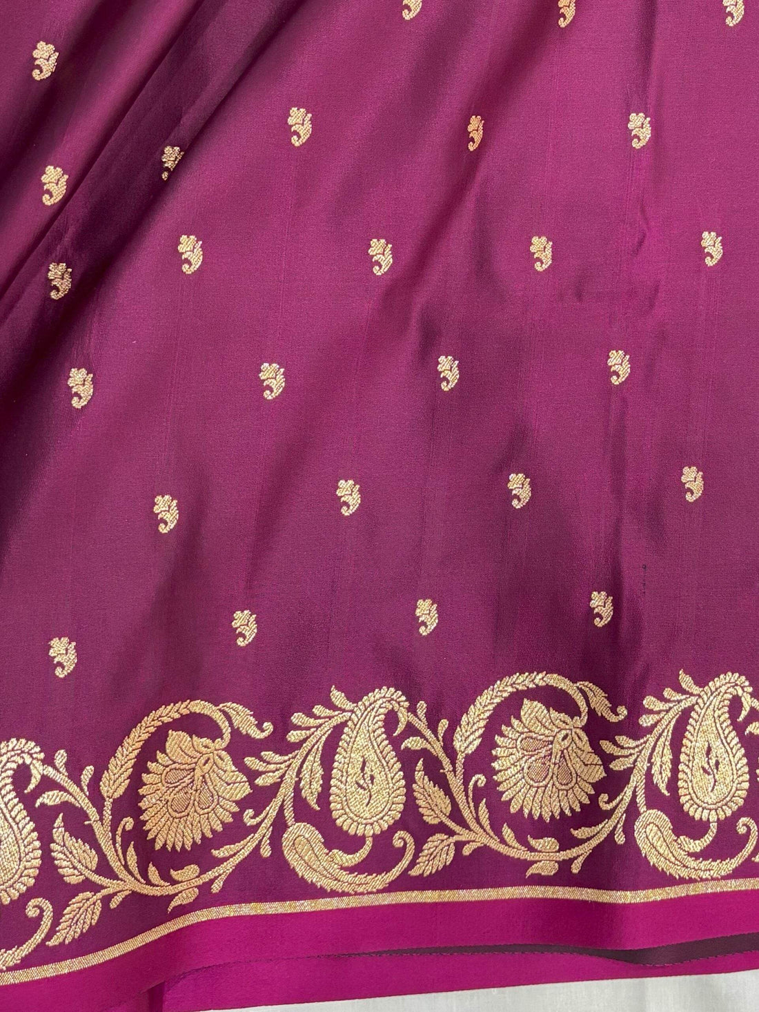 Violet Golden Zari Work Long Kairi Satin Silk Banarasi Saree - Zohra Silk