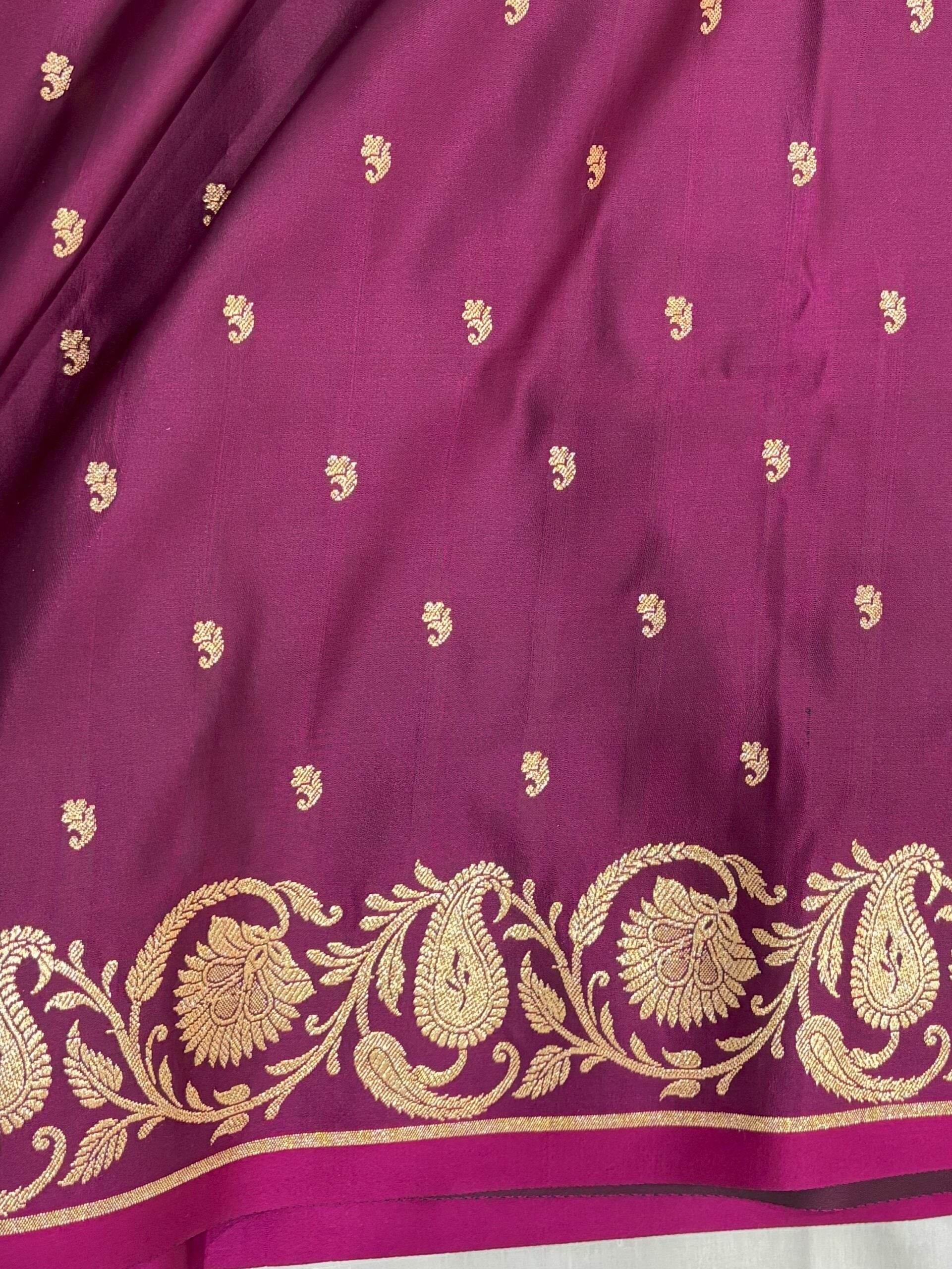Violet Golden Zari Work Long Kairi Satin Silk Banarasi Saree - Zohra Silk
