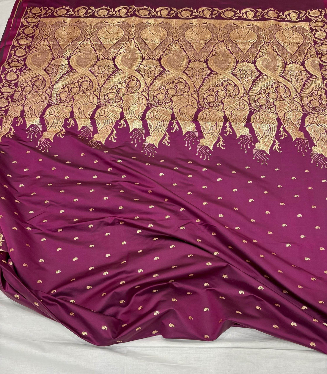 Violet Golden Zari Work Long Kairi Satin Silk Banarasi Saree - Zohra Silk