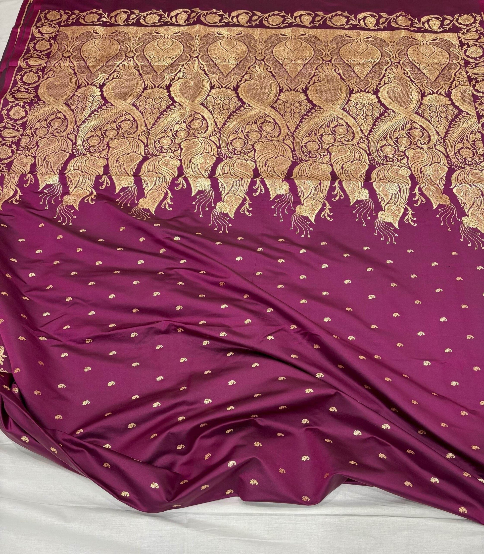 Violet Golden Zari Work Long Kairi Satin Silk Banarasi Saree - Zohra Silk