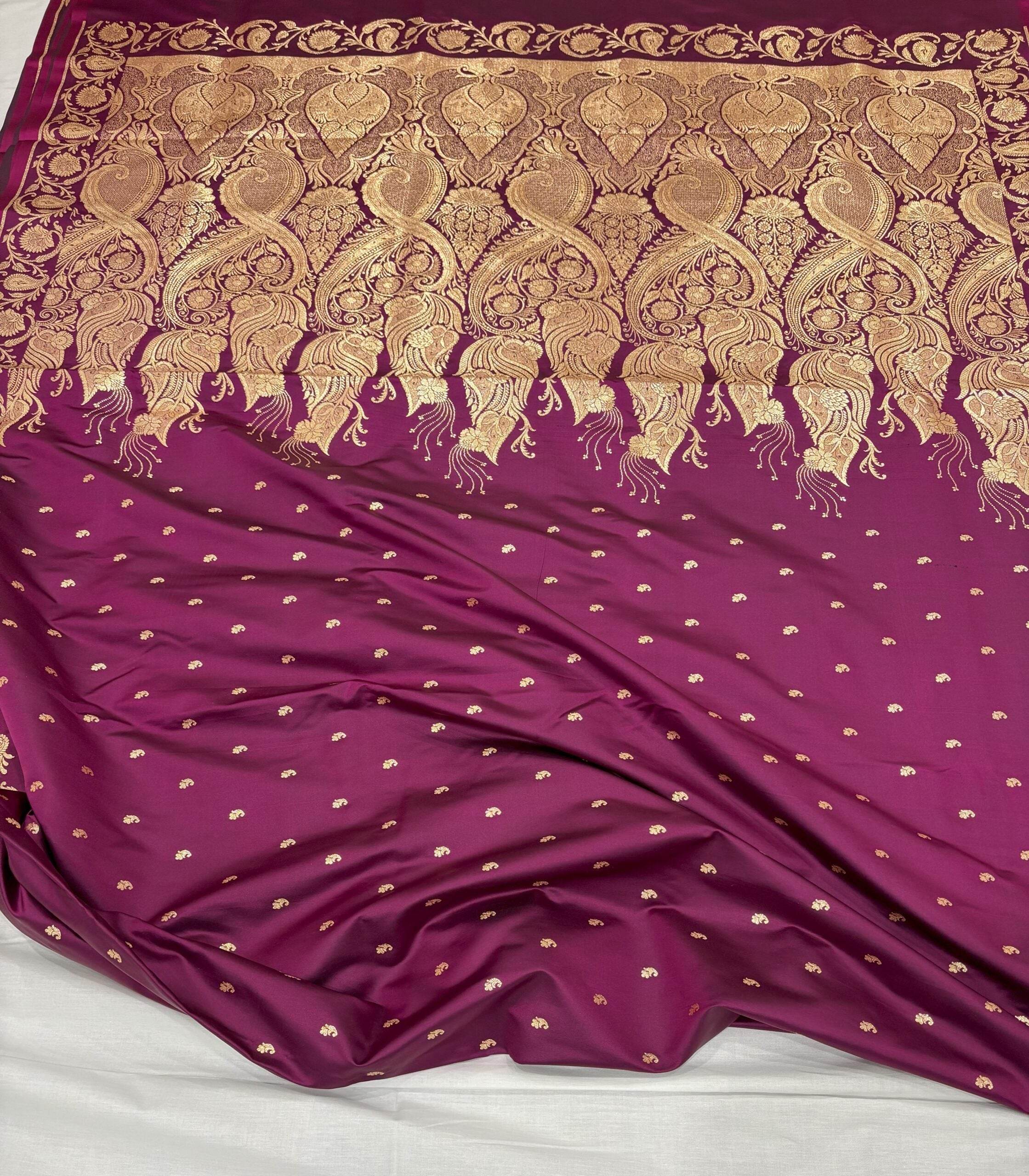 Violet Golden Zari Work Long Kairi Satin Silk Banarasi Saree - Zohra Silk