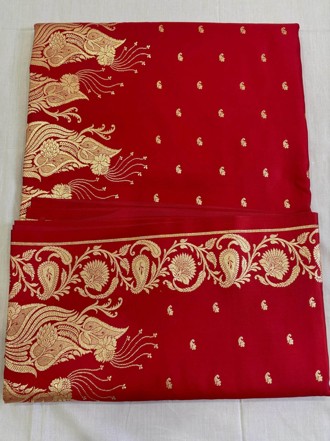 Red Golden Zari Work Long Kairi Satin Silk Banarasi Saree - Zohra Silk