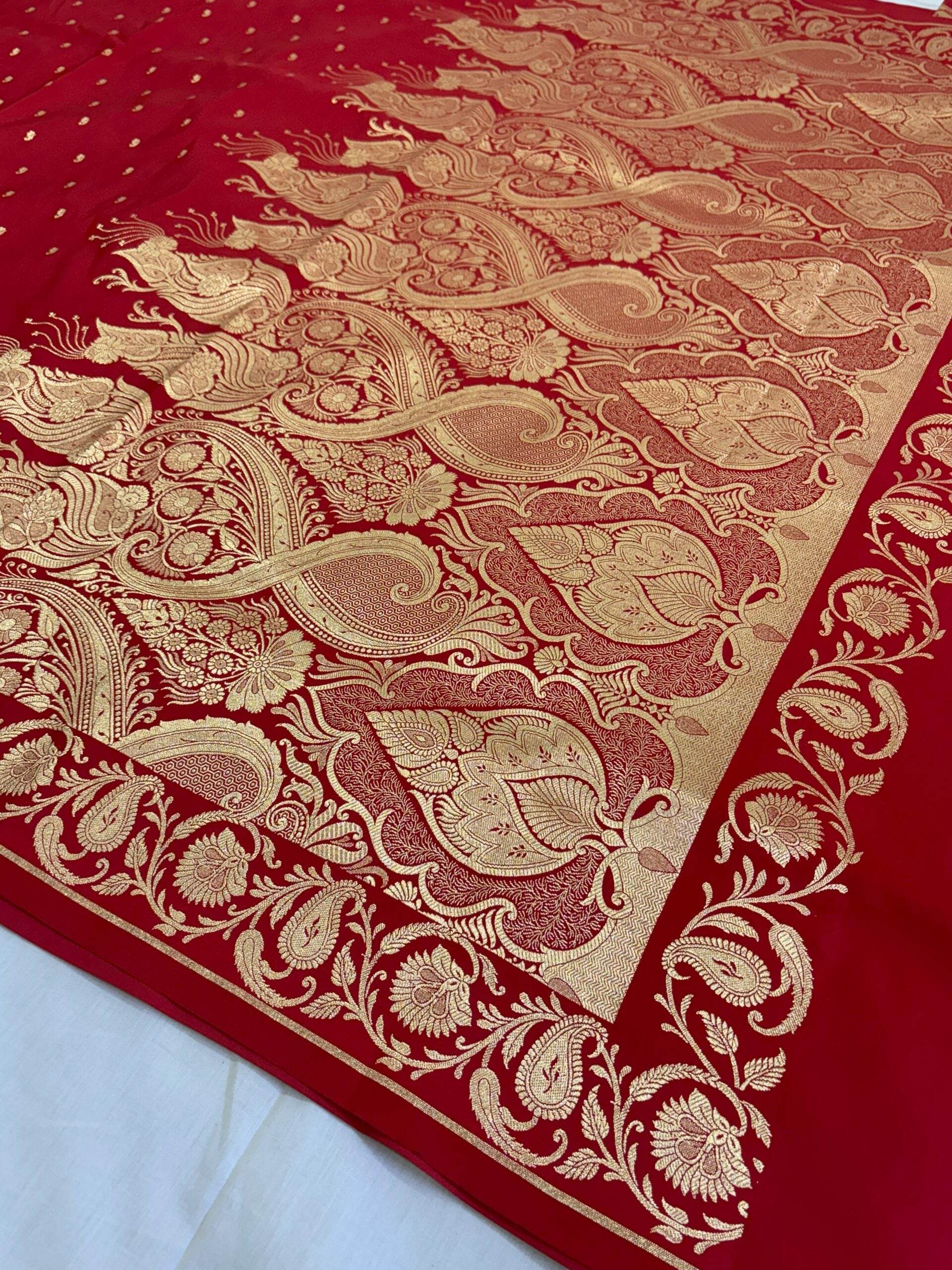 Red Golden Zari Work Long Kairi Satin Silk Banarasi Saree - Zohra Silk