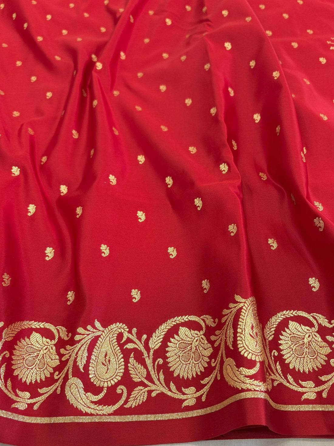 Red Golden Zari Work Long Kairi Satin Silk Banarasi Saree - Zohra Silk