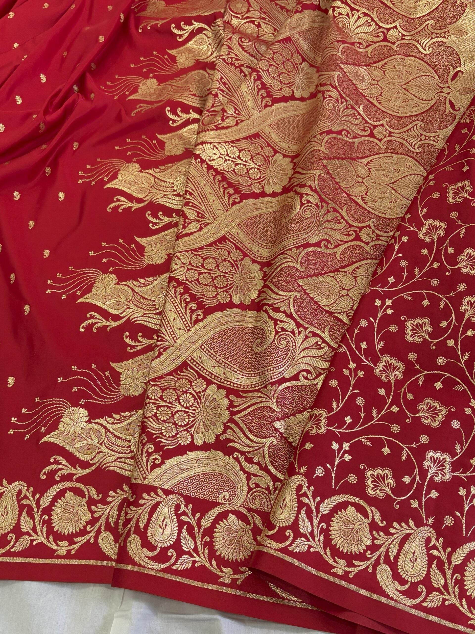 Red Golden Zari Work Long Kairi Satin Silk Banarasi Saree - Zohra Silk