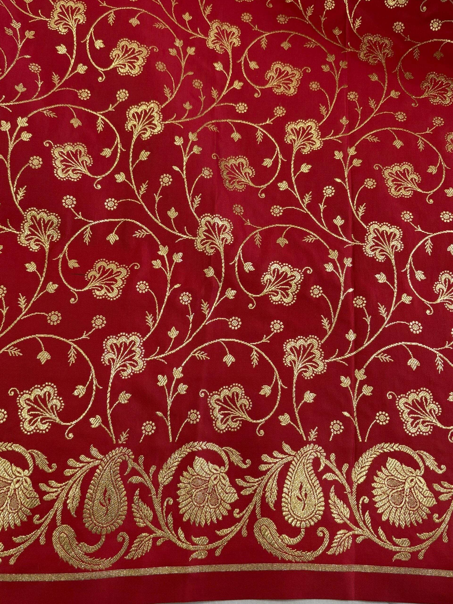 Red Golden Zari Work Long Kairi Satin Silk Banarasi Saree - Zohra Silk