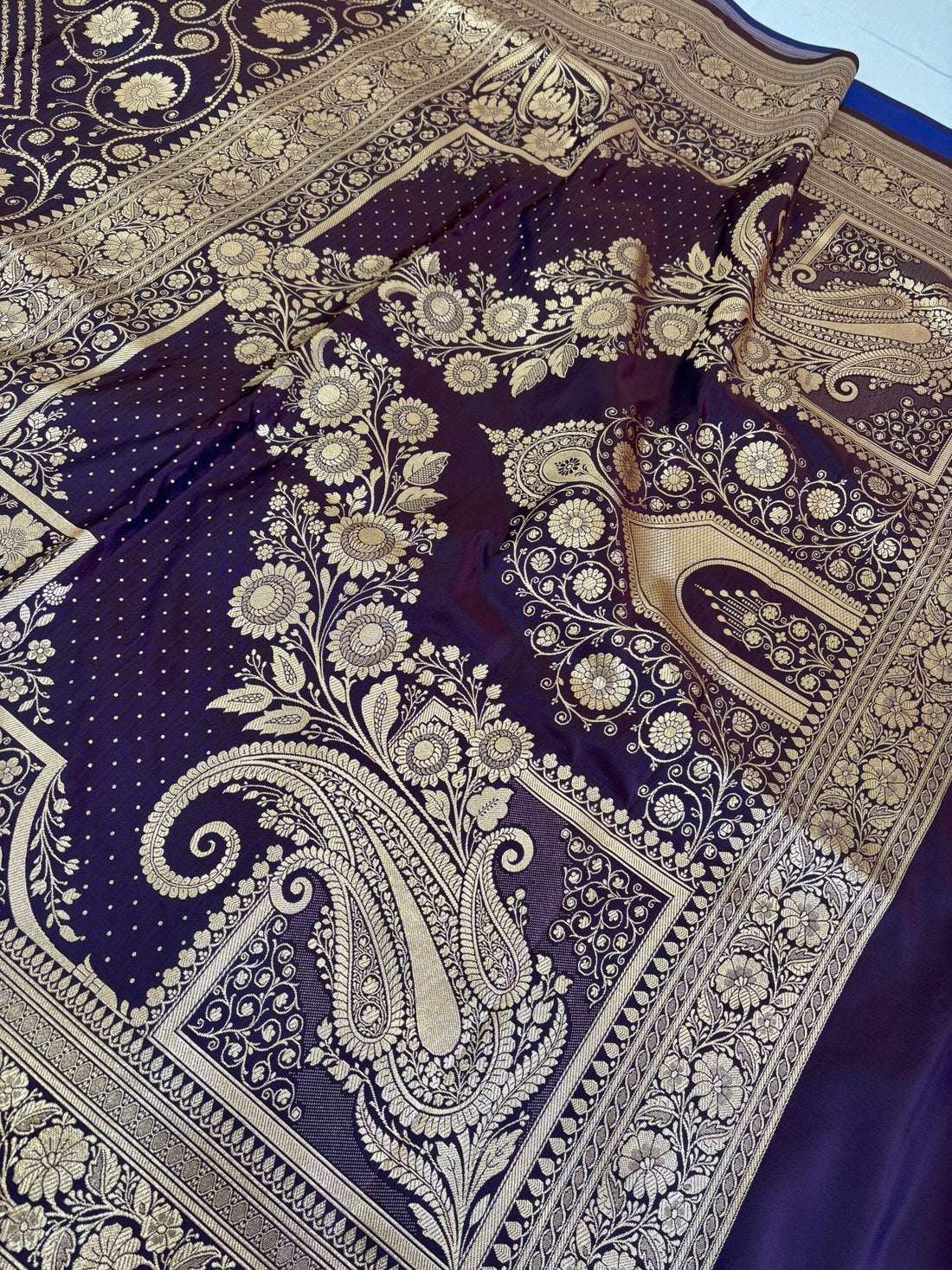 American Purple Golden Zari Work Namo Satin Silk Banarasi Saare - Zohra Silk