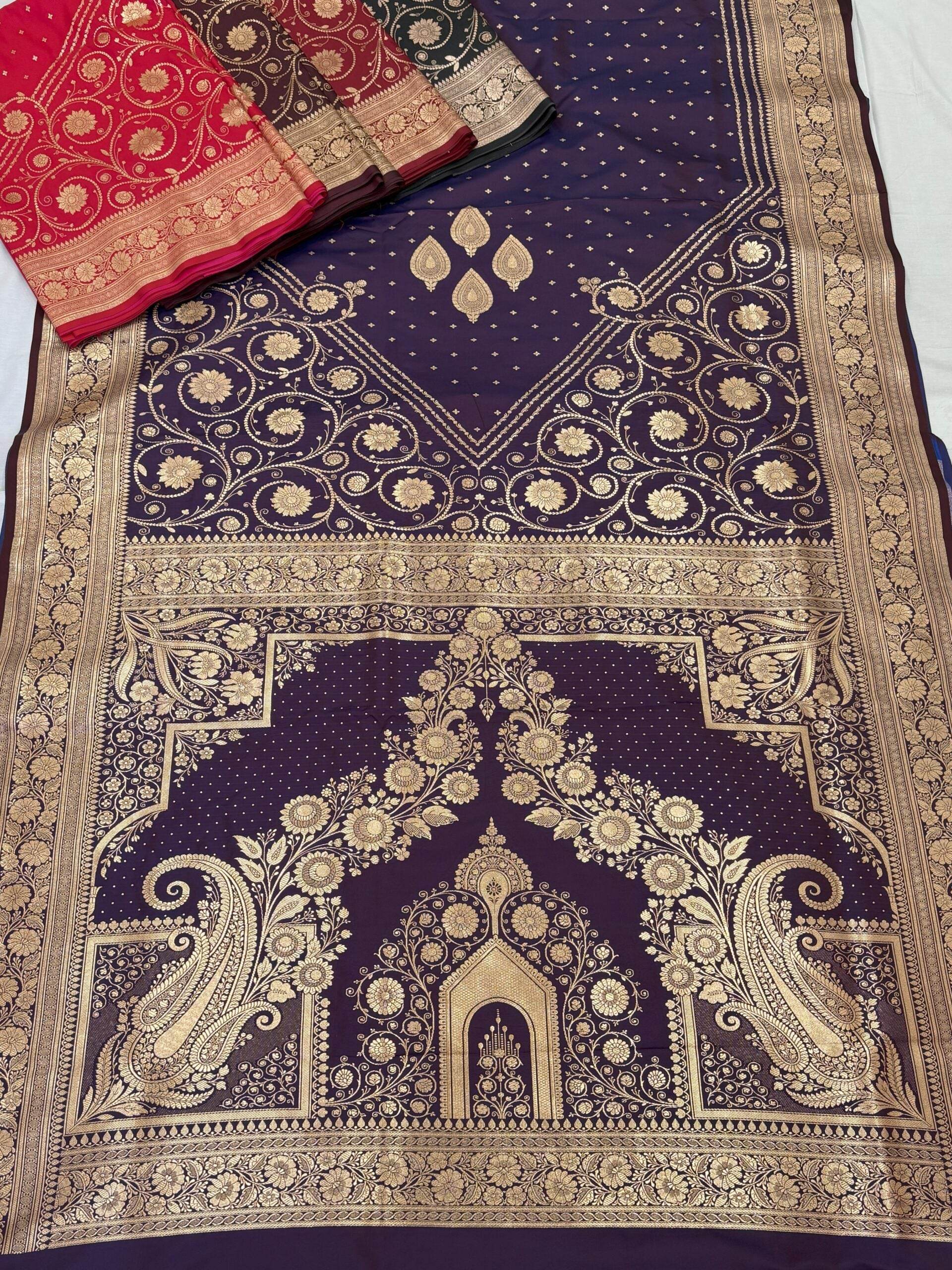 American Purple Golden Zari Work Namo Satin Silk Banarasi Saare - Zohra Silk