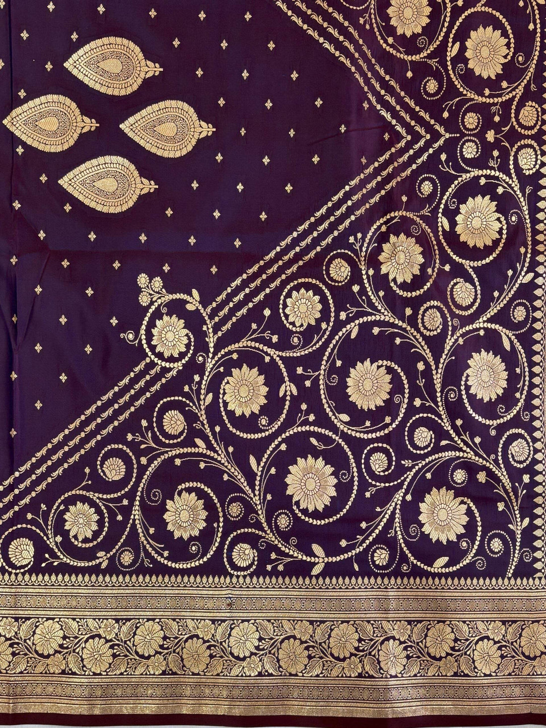 American Purple Golden Zari Work Namo Satin Silk Banarasi Saare - Zohra Silk