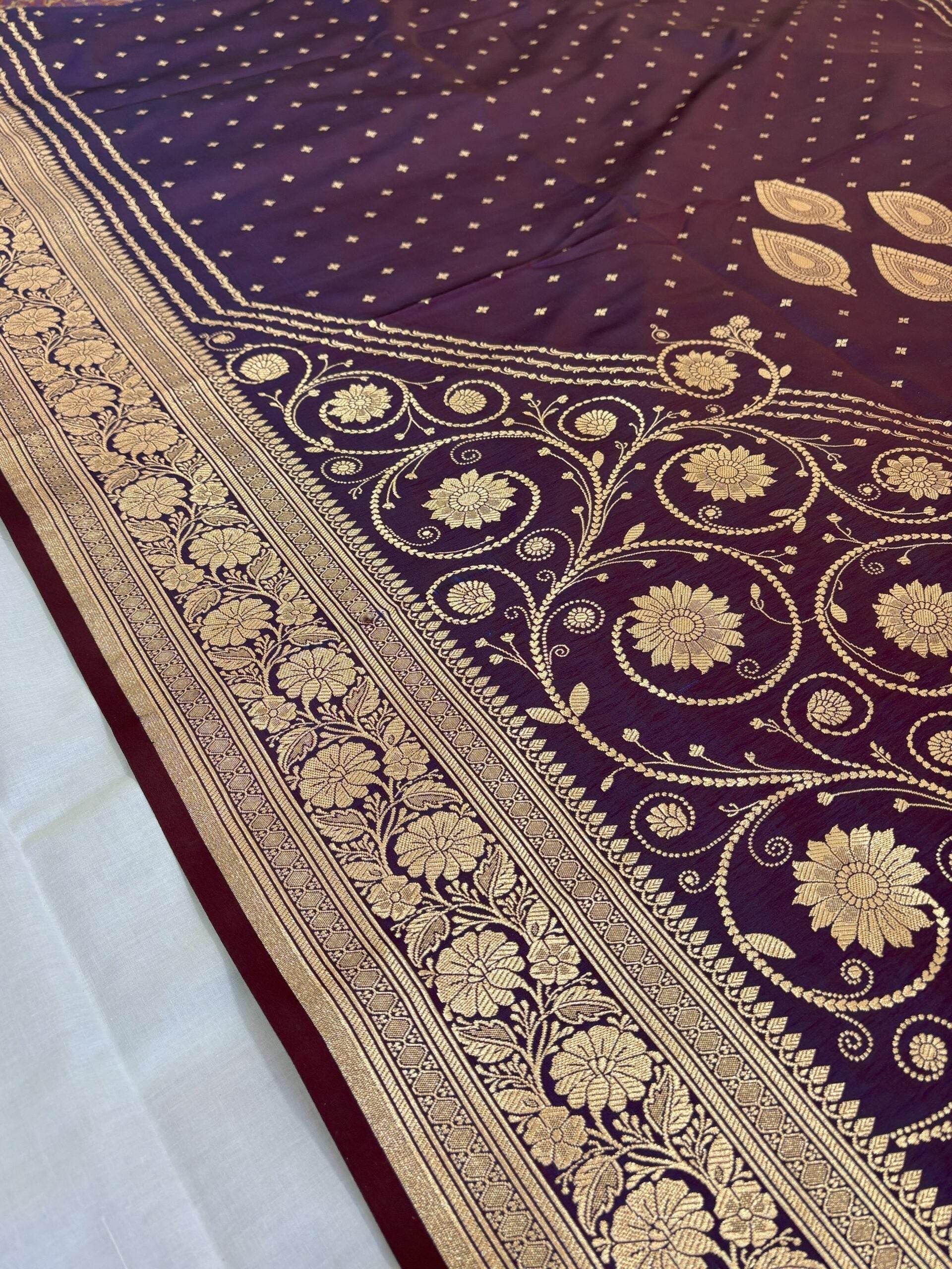 American Purple Golden Zari Work Namo Satin Silk Banarasi Saare - Zohra Silk