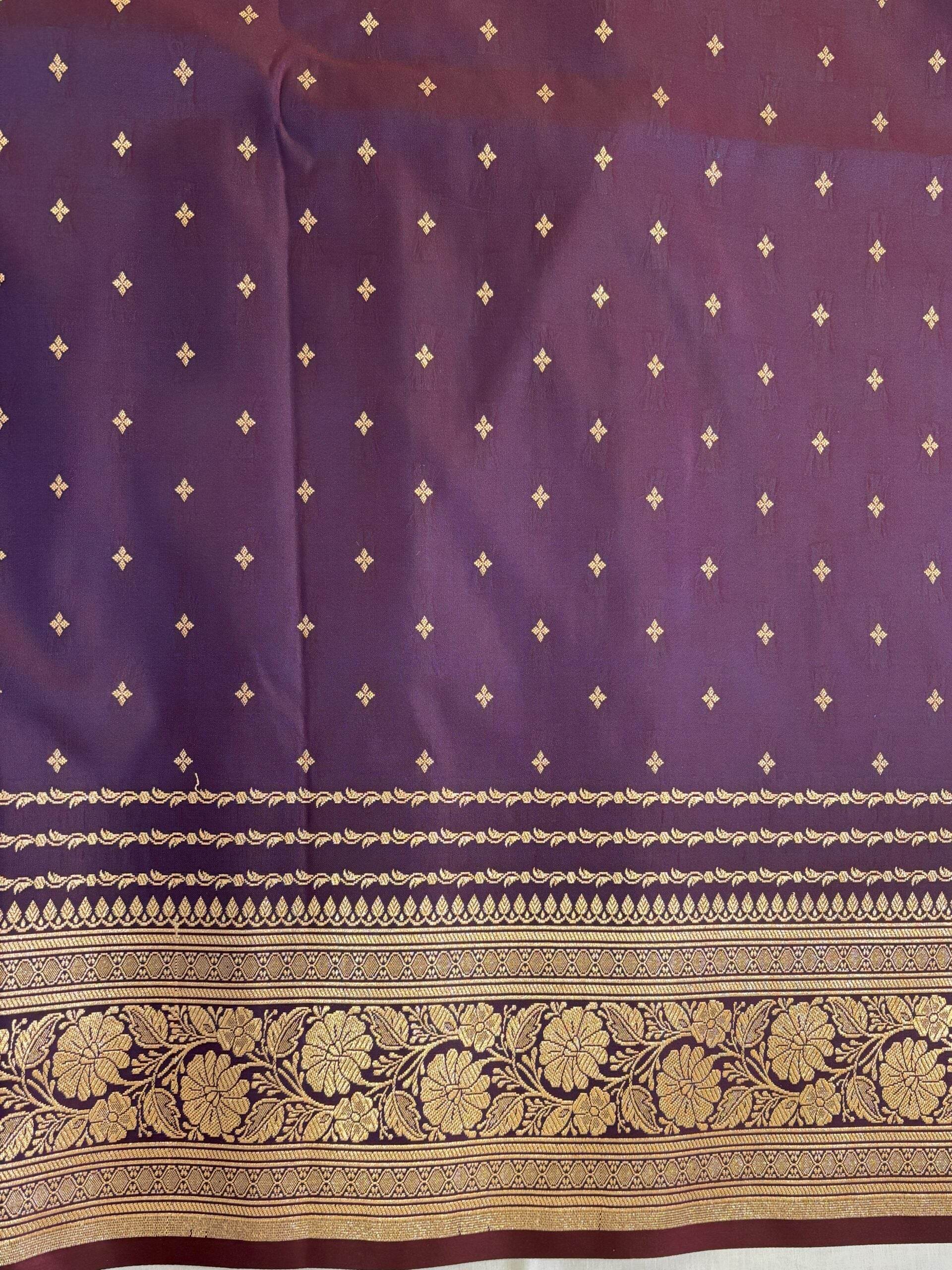 American Purple Golden Zari Work Namo Satin Silk Banarasi Saare - Zohra Silk
