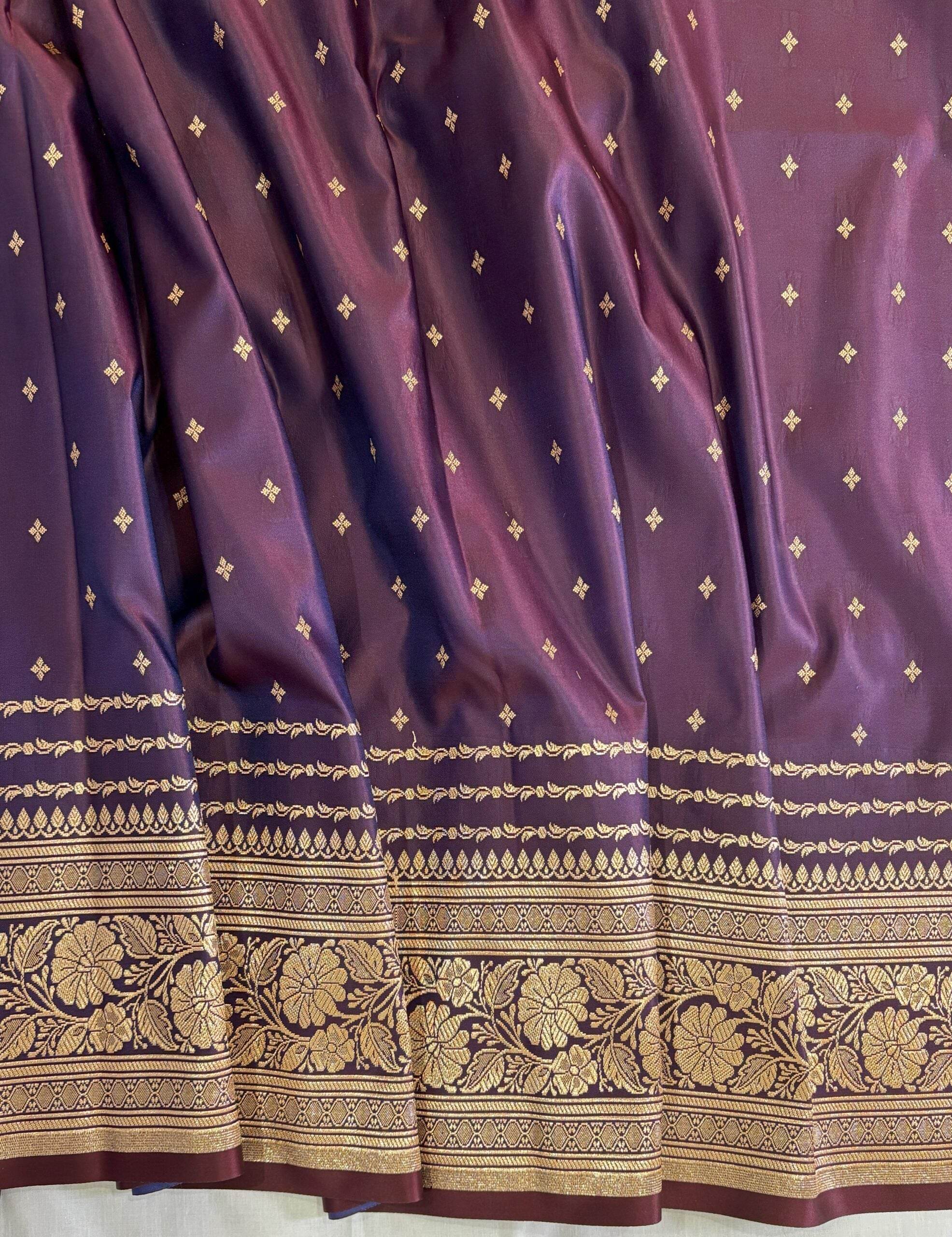 American Purple Golden Zari Work Namo Satin Silk Banarasi Saare - Zohra Silk