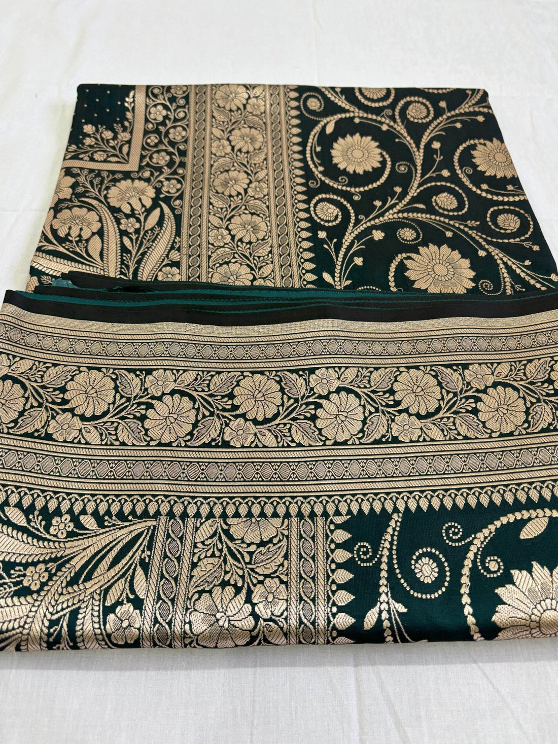 MSU Green Light Golden Zari Work Namo Satin Silk Banarasi Saare - Zohra Silk