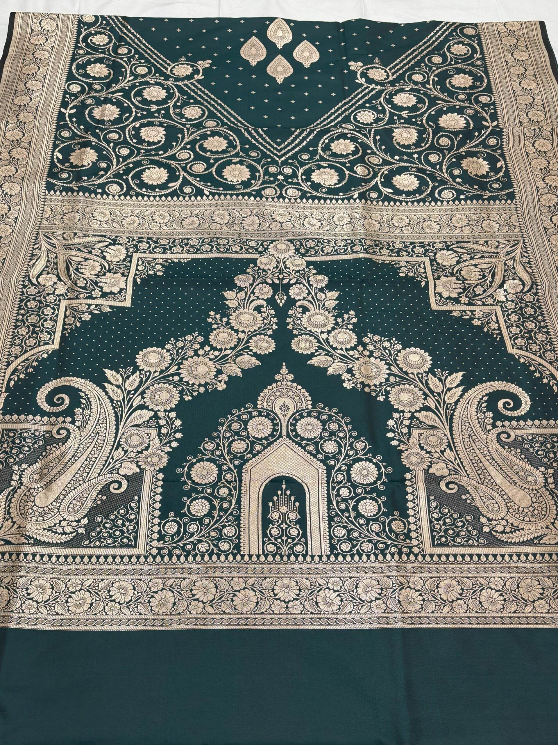 MSU Green Light Golden Zari Work Namo Satin Silk Banarasi Saare - Zohra Silk