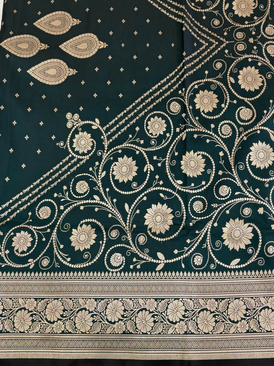 MSU Green Light Golden Zari Work Namo Satin Silk Banarasi Saare - Zohra Silk