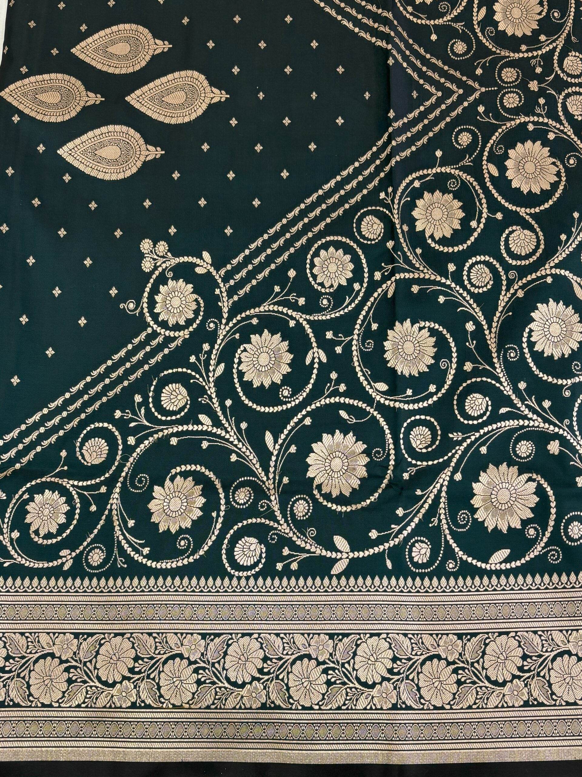 MSU Green Light Golden Zari Work Namo Satin Silk Banarasi Saare - Zohra Silk