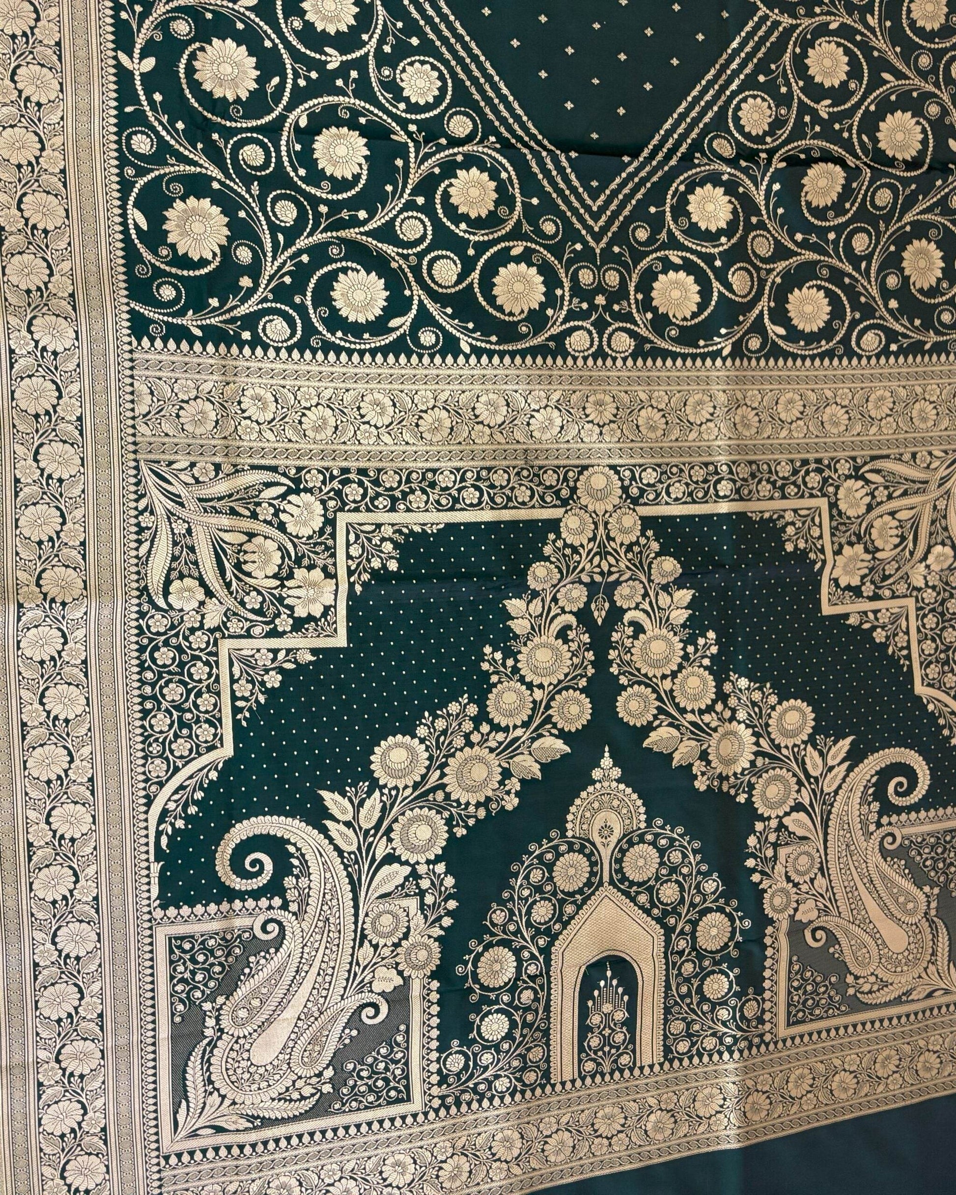 MSU Green Light Golden Zari Work Namo Satin Silk Banarasi Saare - Zohra Silk