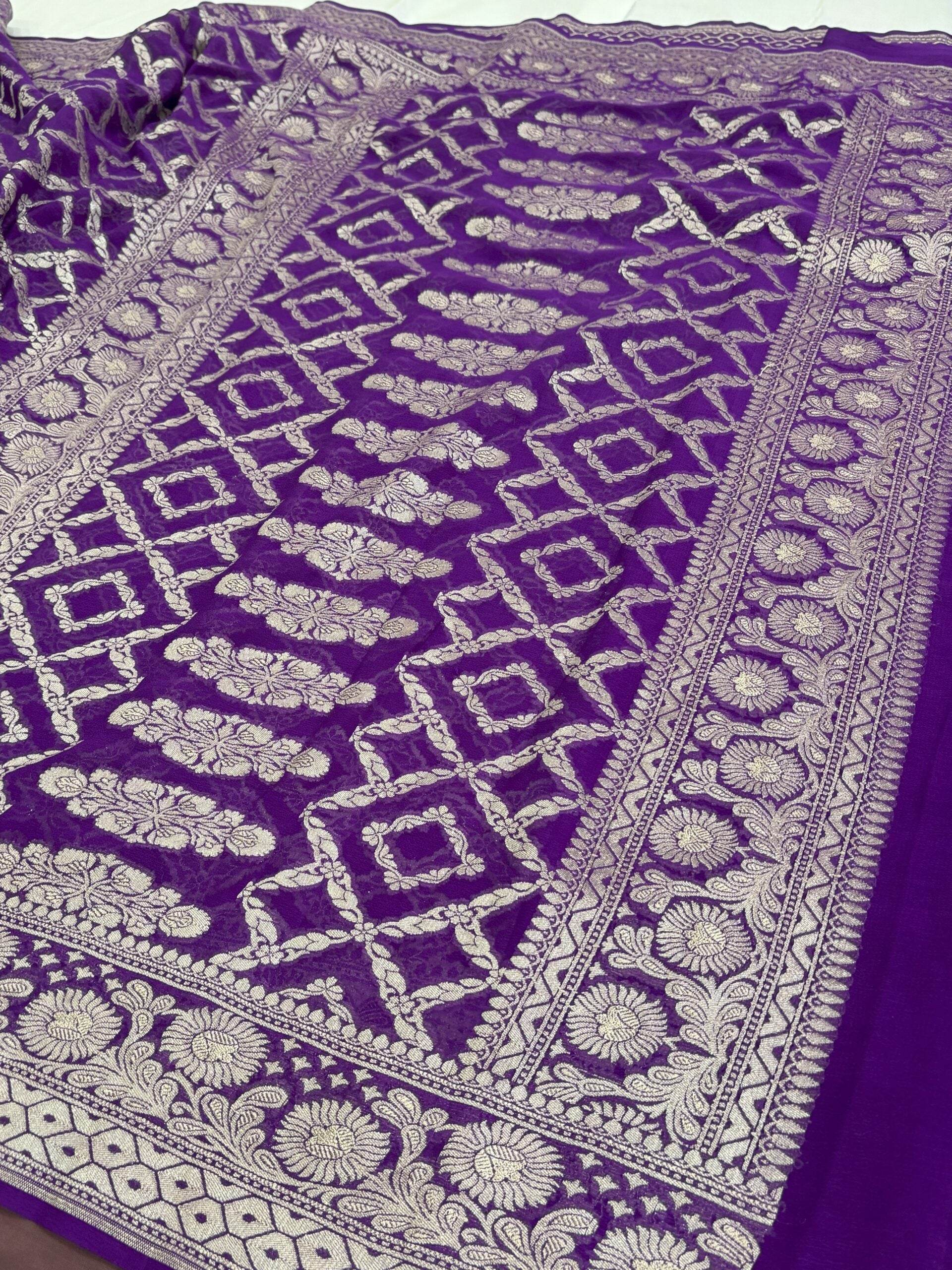 Blue-Magenta Violet Light Golden Zari Work Chiffon Pure Silk Banarasi Saree - Zohra Silk
