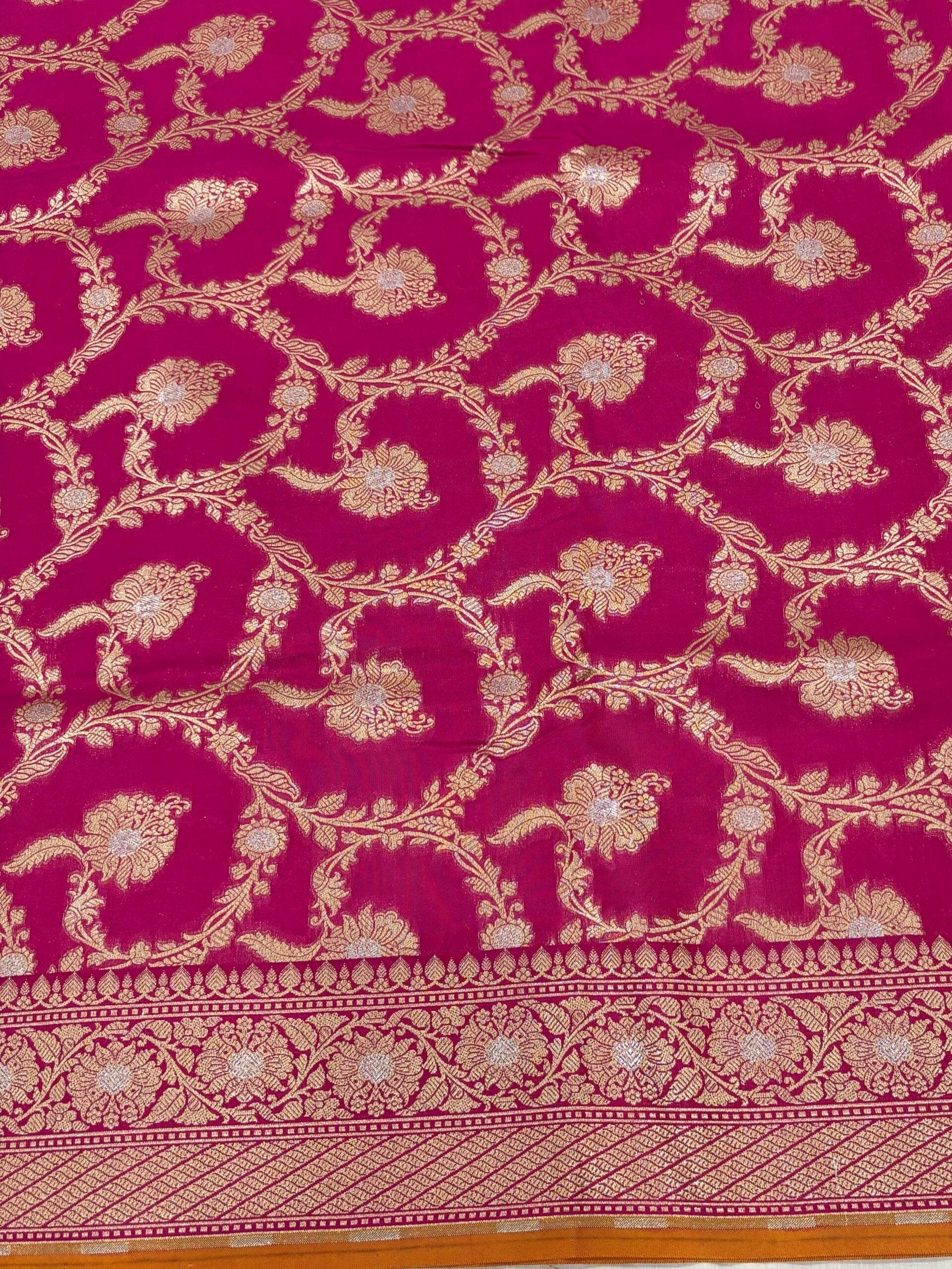 Rose Red With Golden Zari Jaal Silk Banarasi Saree - Zohra Silk