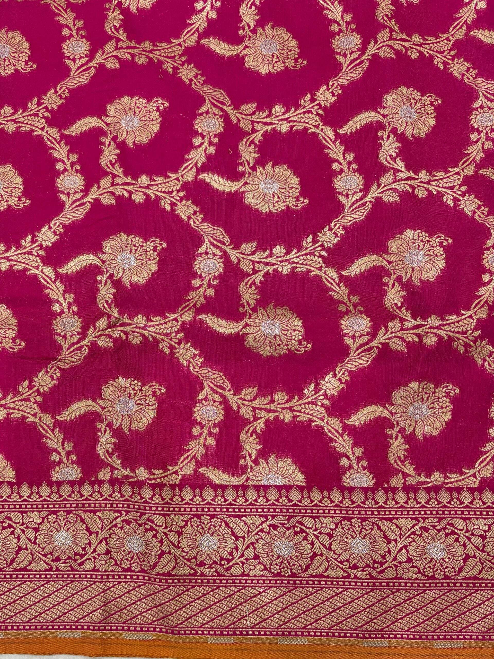 Rose Red With Golden Zari Jaal Silk Banarasi Saree - Zohra Silk