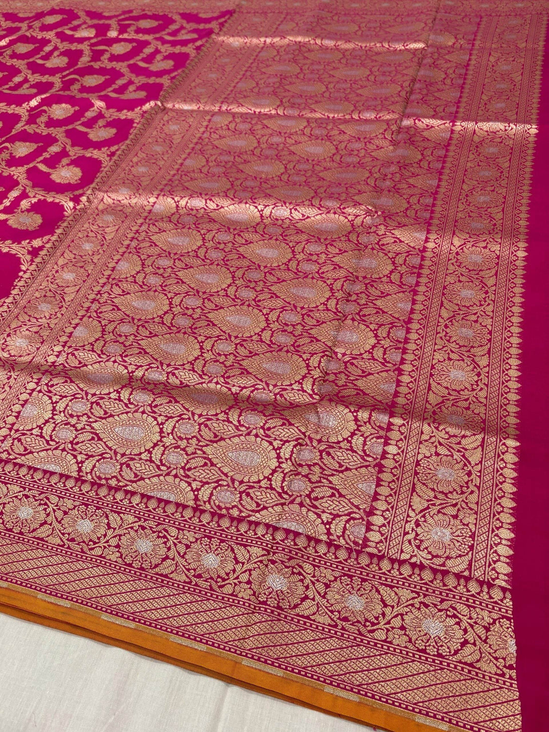Rose Red With Golden Zari Jaal Silk Banarasi Saree - Zohra Silk