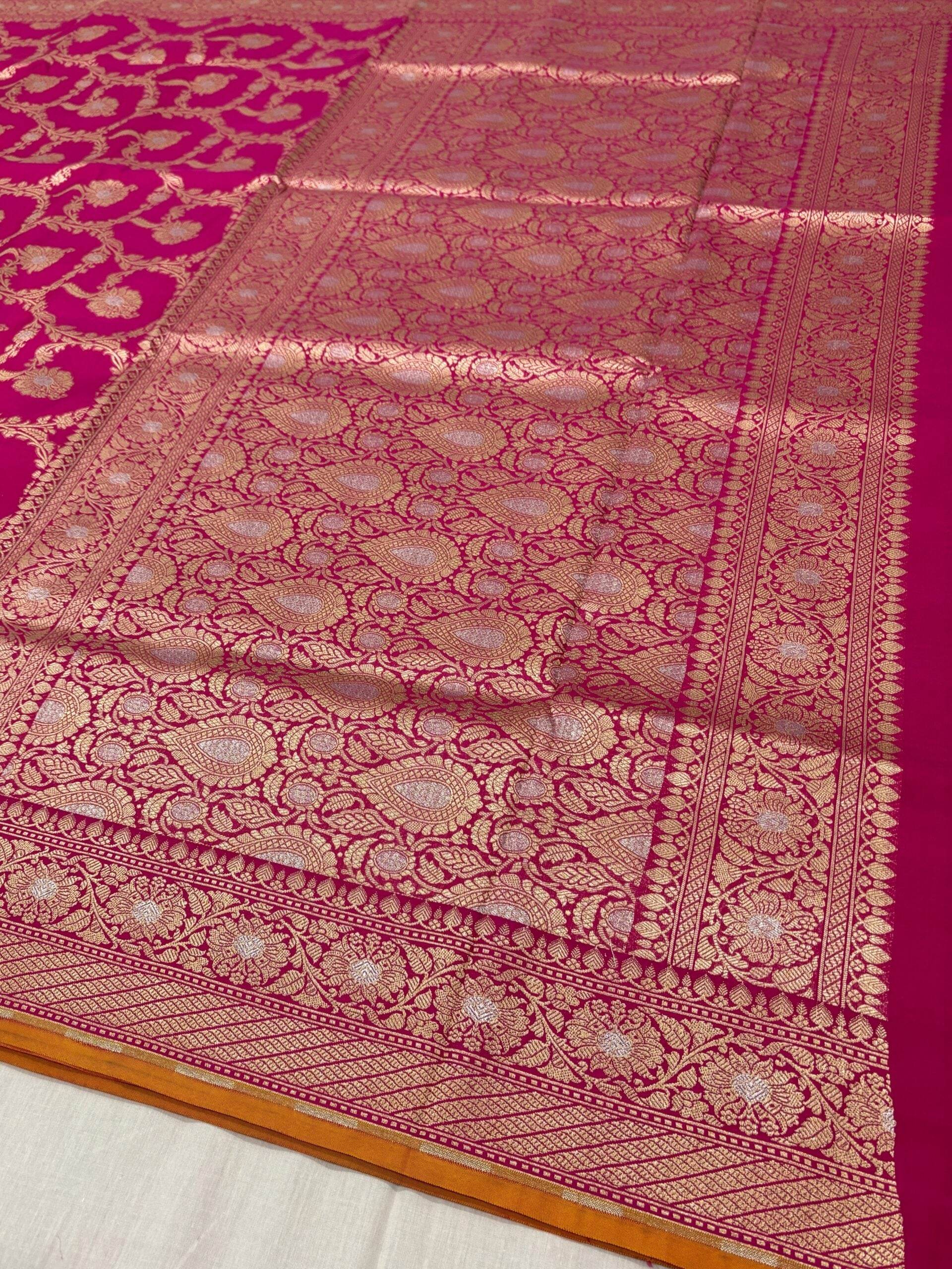 Rose Red With Golden Zari Jaal Silk Banarasi Saree - Zohra Silk