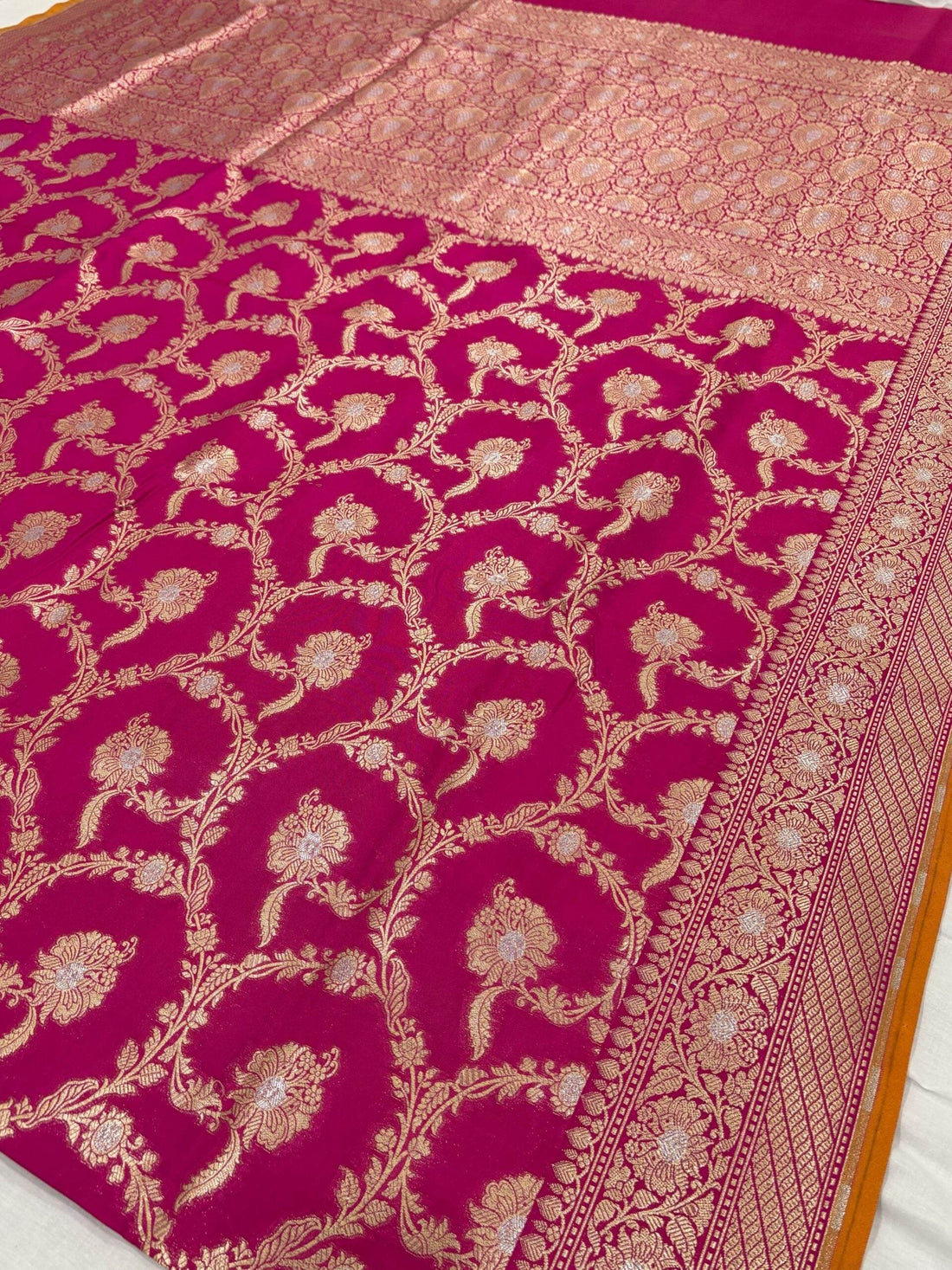 Rose Red With Golden Zari Jaal Silk Banarasi Saree - Zohra Silk