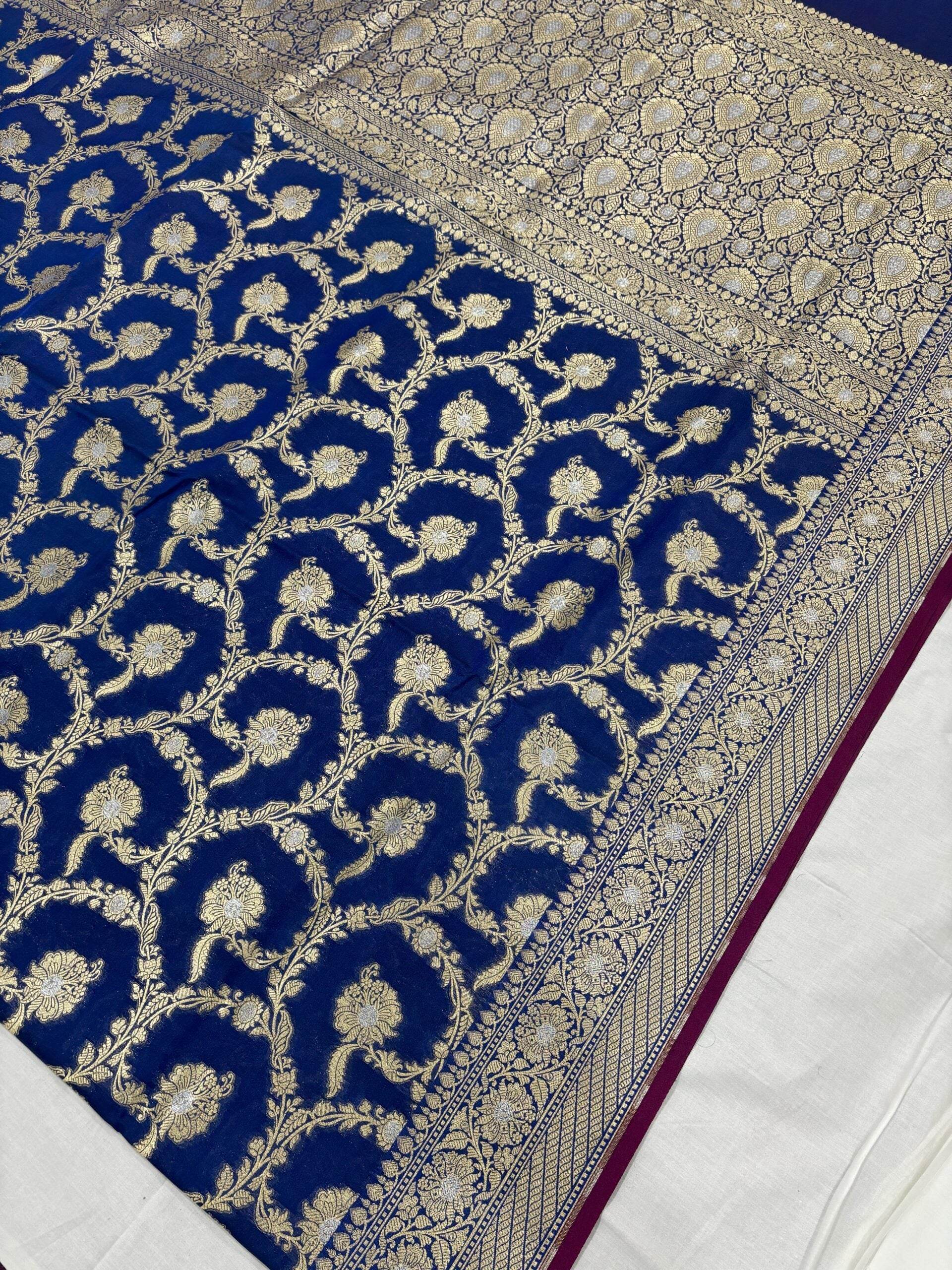 Royal Blue With Golden Zari Jaal Silk Banarasi Saree - Zohra Silk