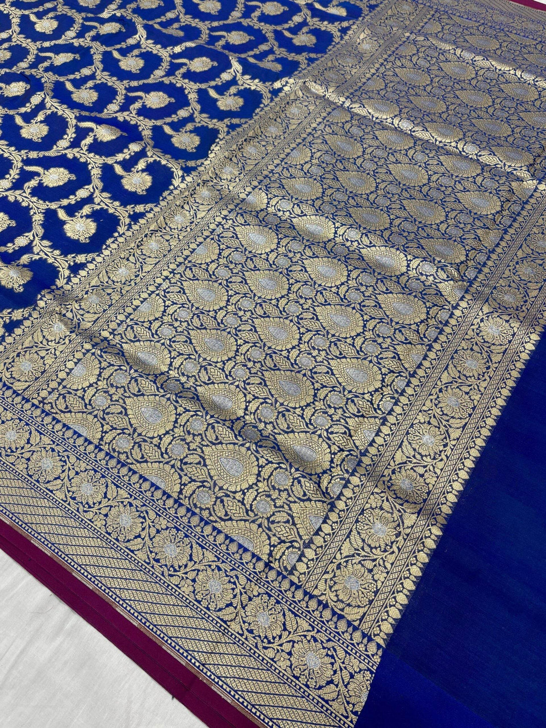 Royal Blue With Golden Zari Jaal Silk Banarasi Saree - Zohra Silk