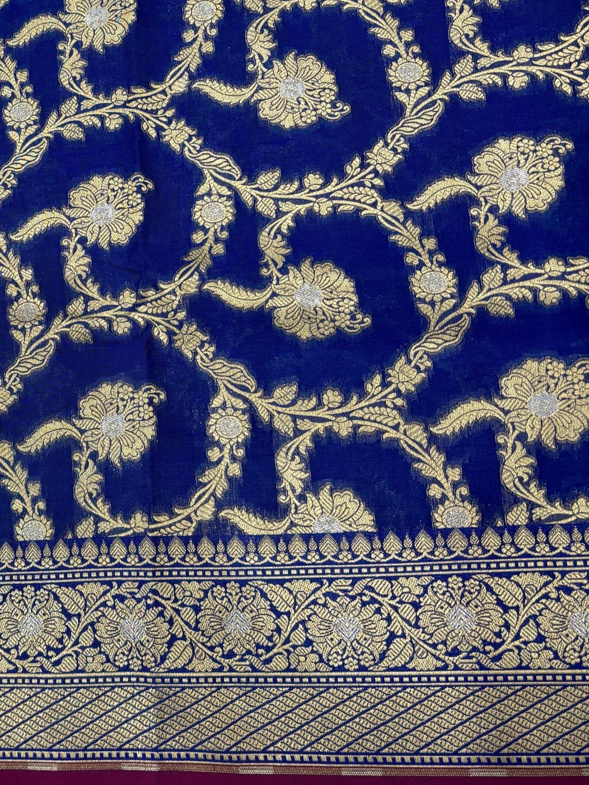 Royal Blue With Golden Zari Jaal Silk Banarasi Saree - Zohra Silk