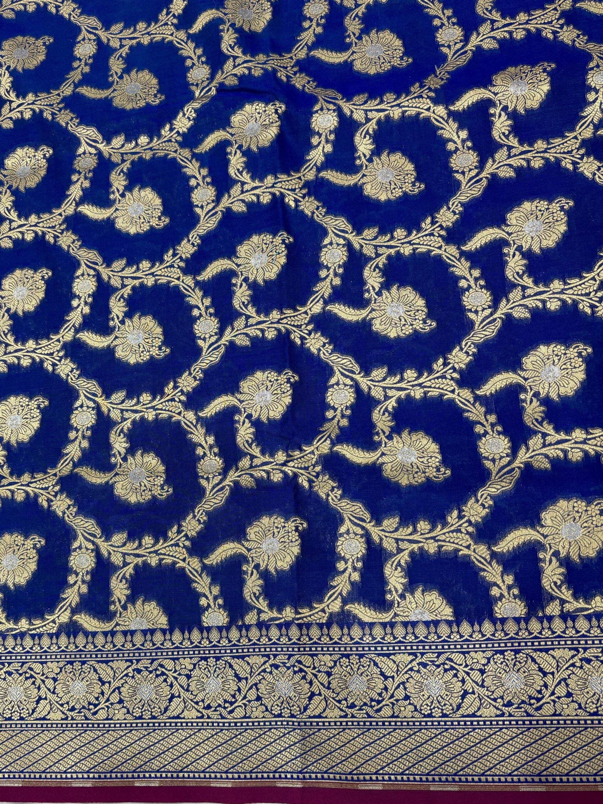 Royal Blue With Golden Zari Jaal Silk Banarasi Saree - Zohra Silk