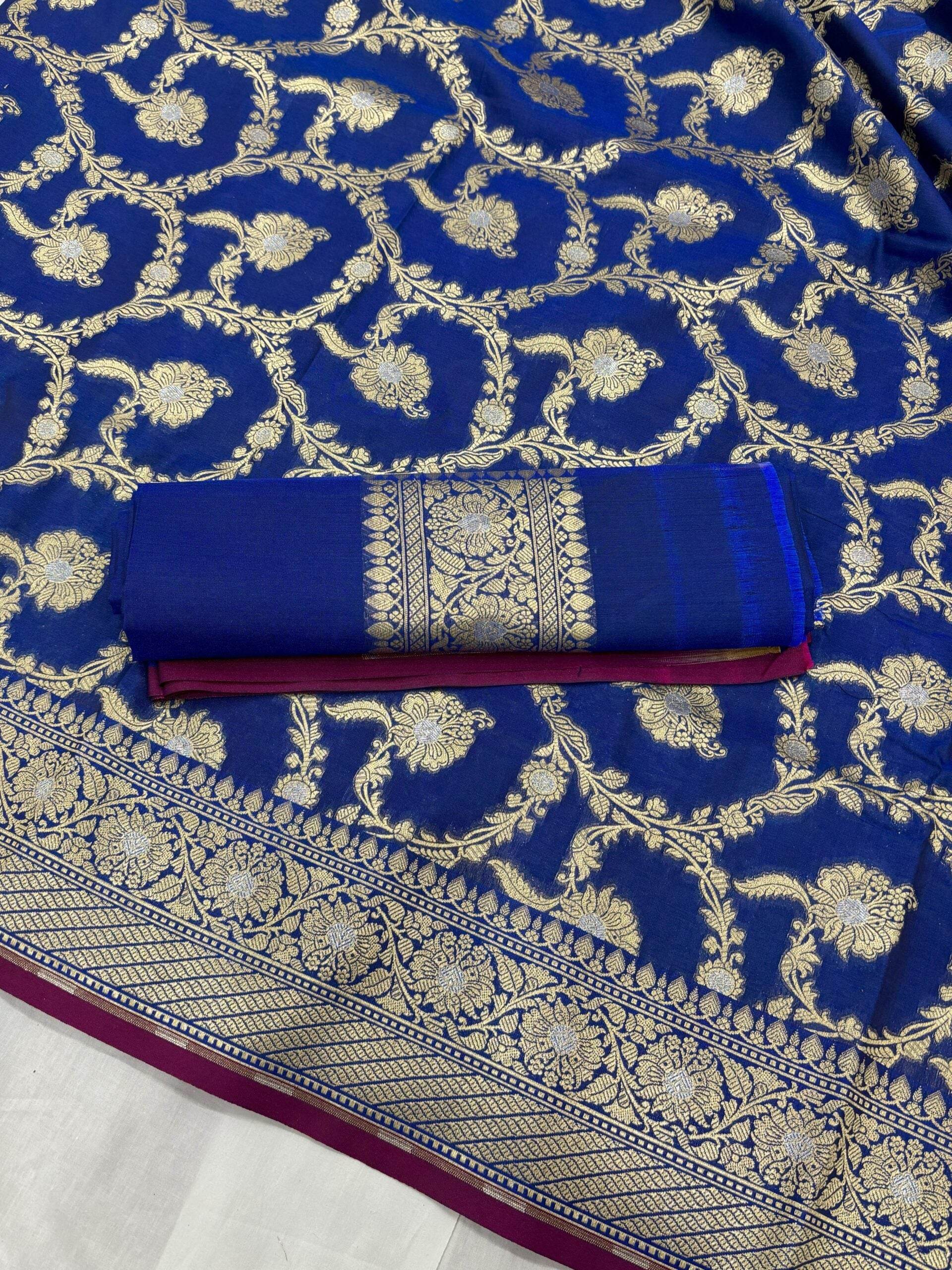 Royal Blue With Golden Zari Jaal Silk Banarasi Saree - Zohra Silk