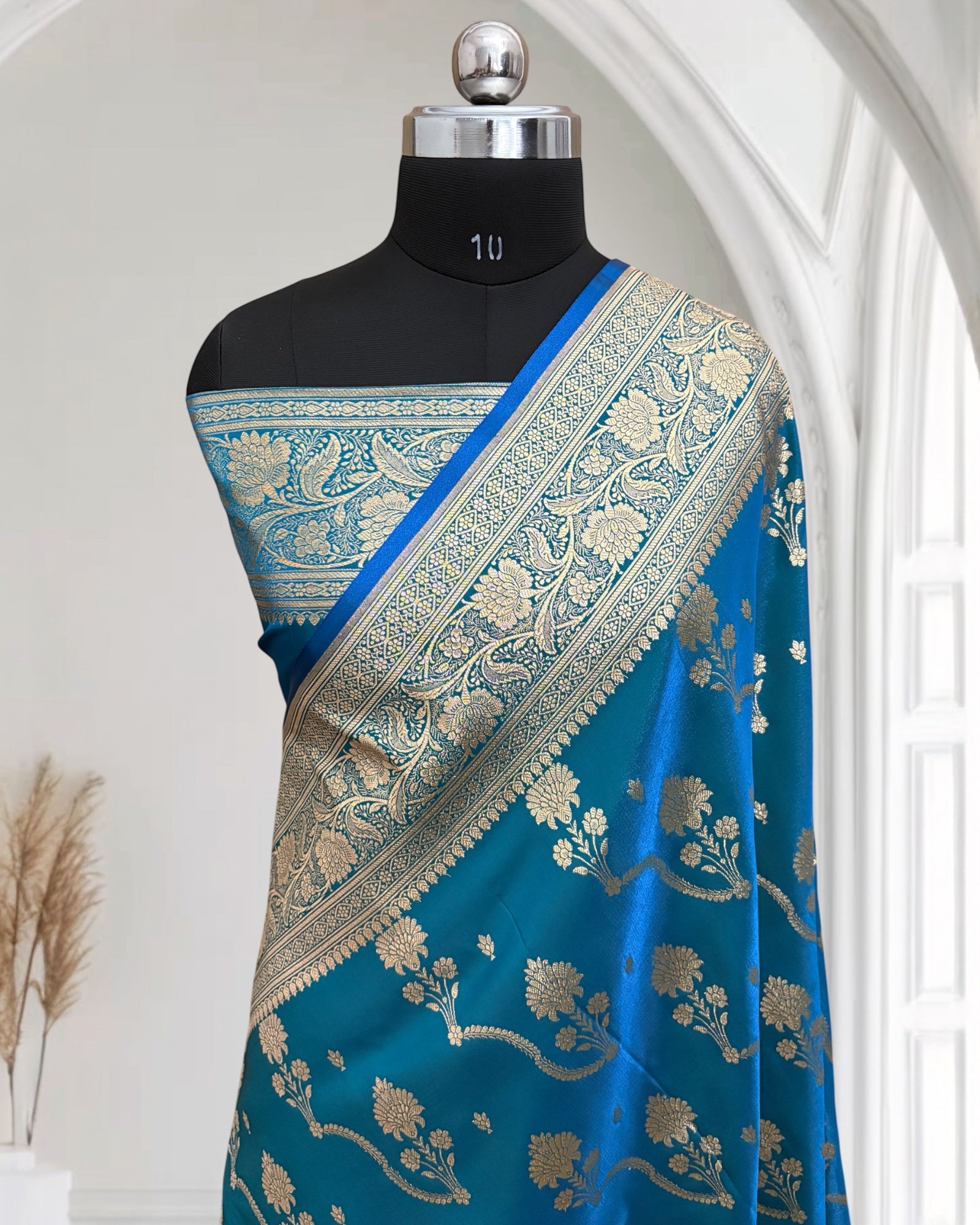 Firoza Satin Silk Banarasi Saree – Tircha Jaal Design