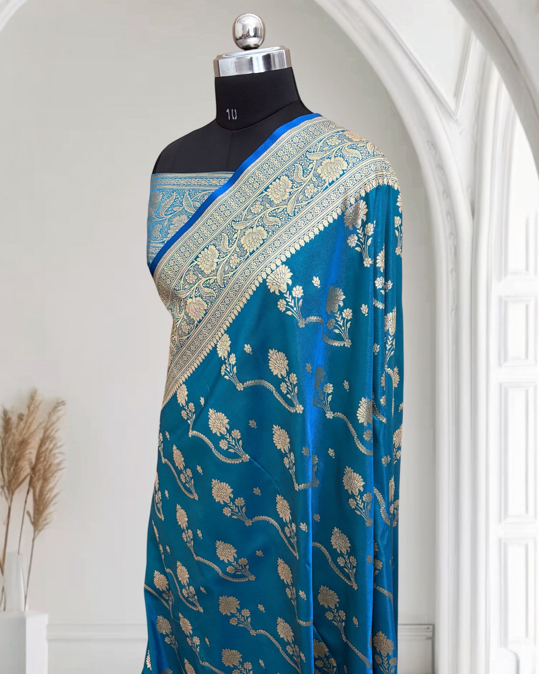 Firoza Satin Silk Banarasi Saree – Tircha Jaal Design
