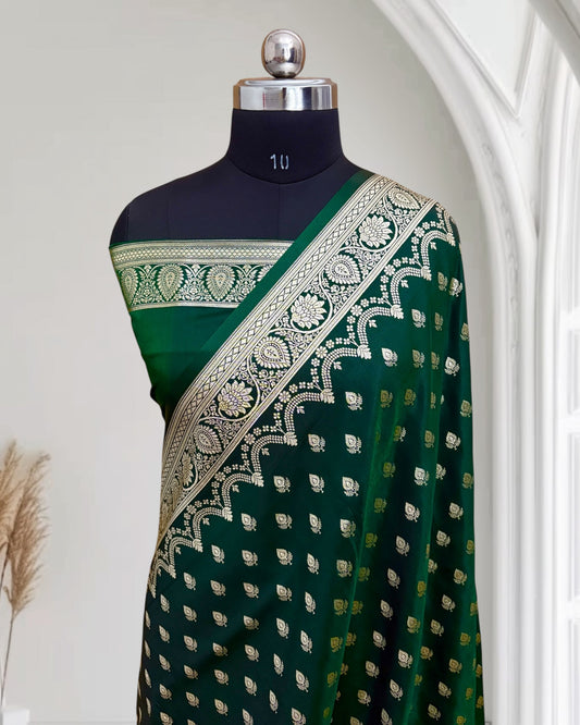 Botel Green Satin Silk Banarasi Saree Silver Motif