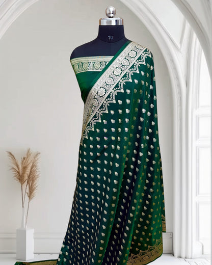 Botel Green Satin Silk Banarasi Saree Silver Motif