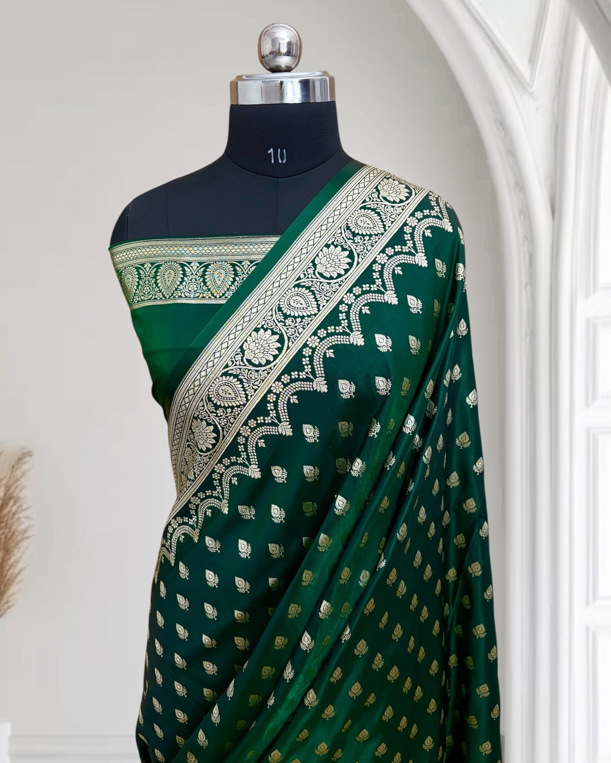 Botel Green Satin Silk Banarasi Saree Silver Motif