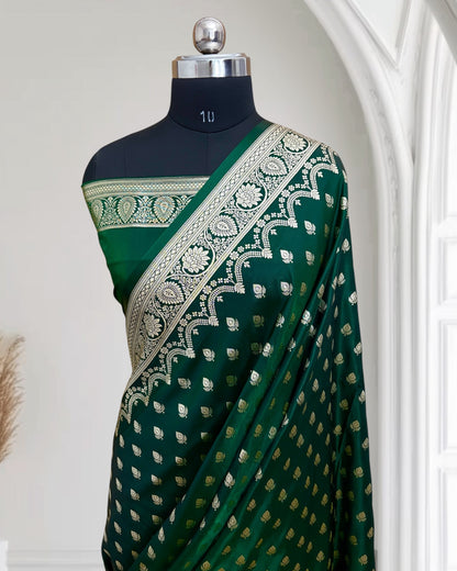 Botel Green Satin Silk Banarasi Saree Silver Motif