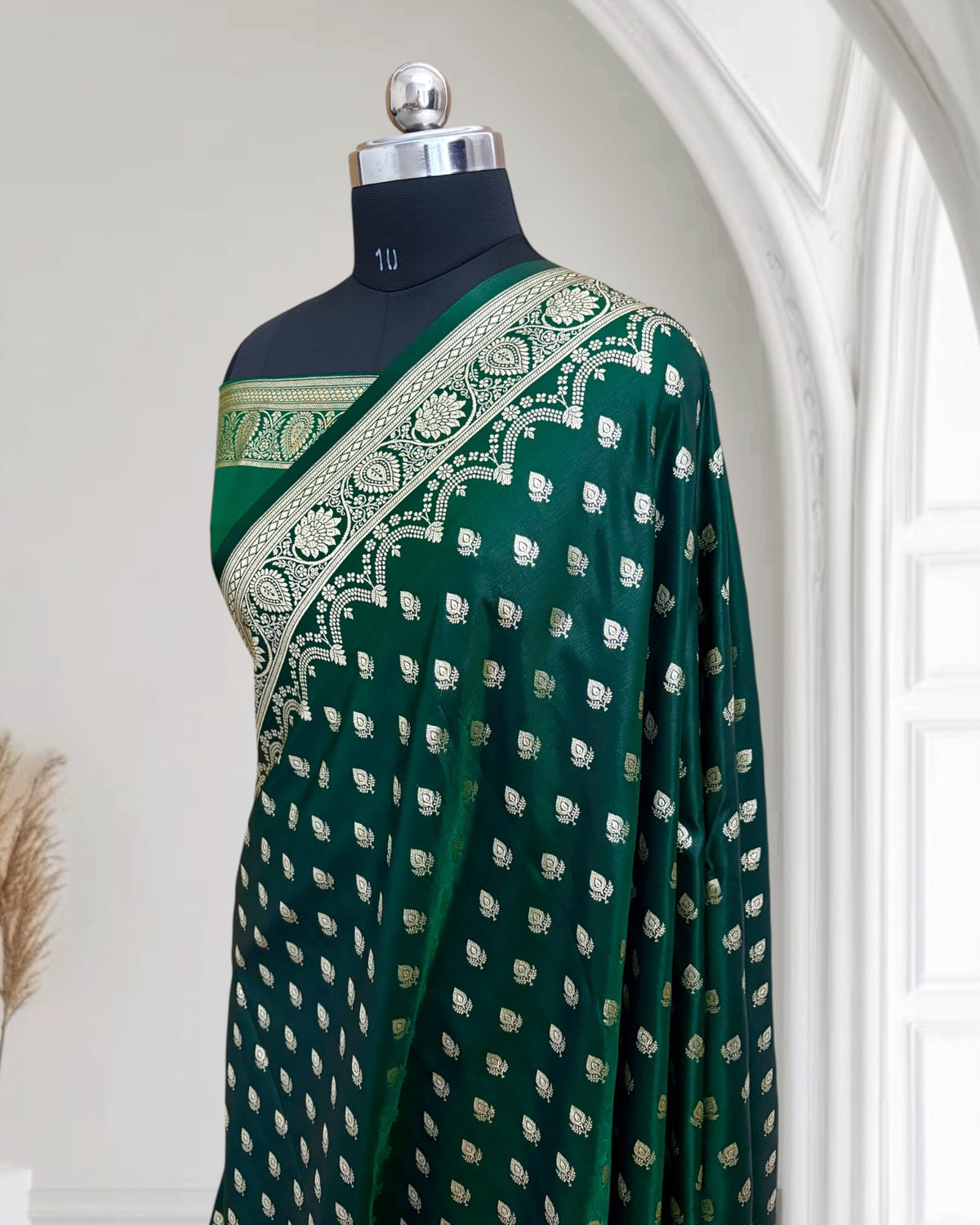 Botel Green Satin Silk Banarasi Saree Silver Motif