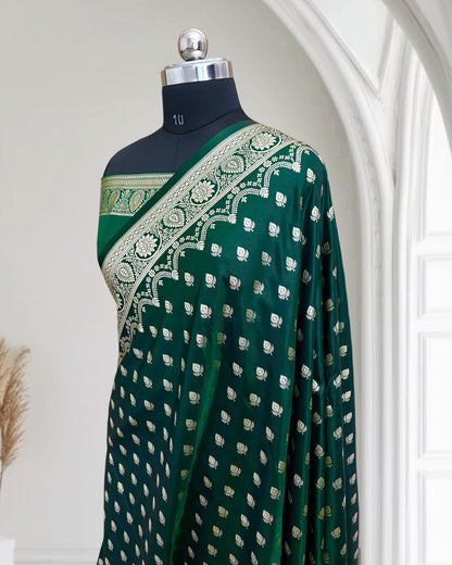Botel Green Satin Silk Banarasi Saree Silver Motif